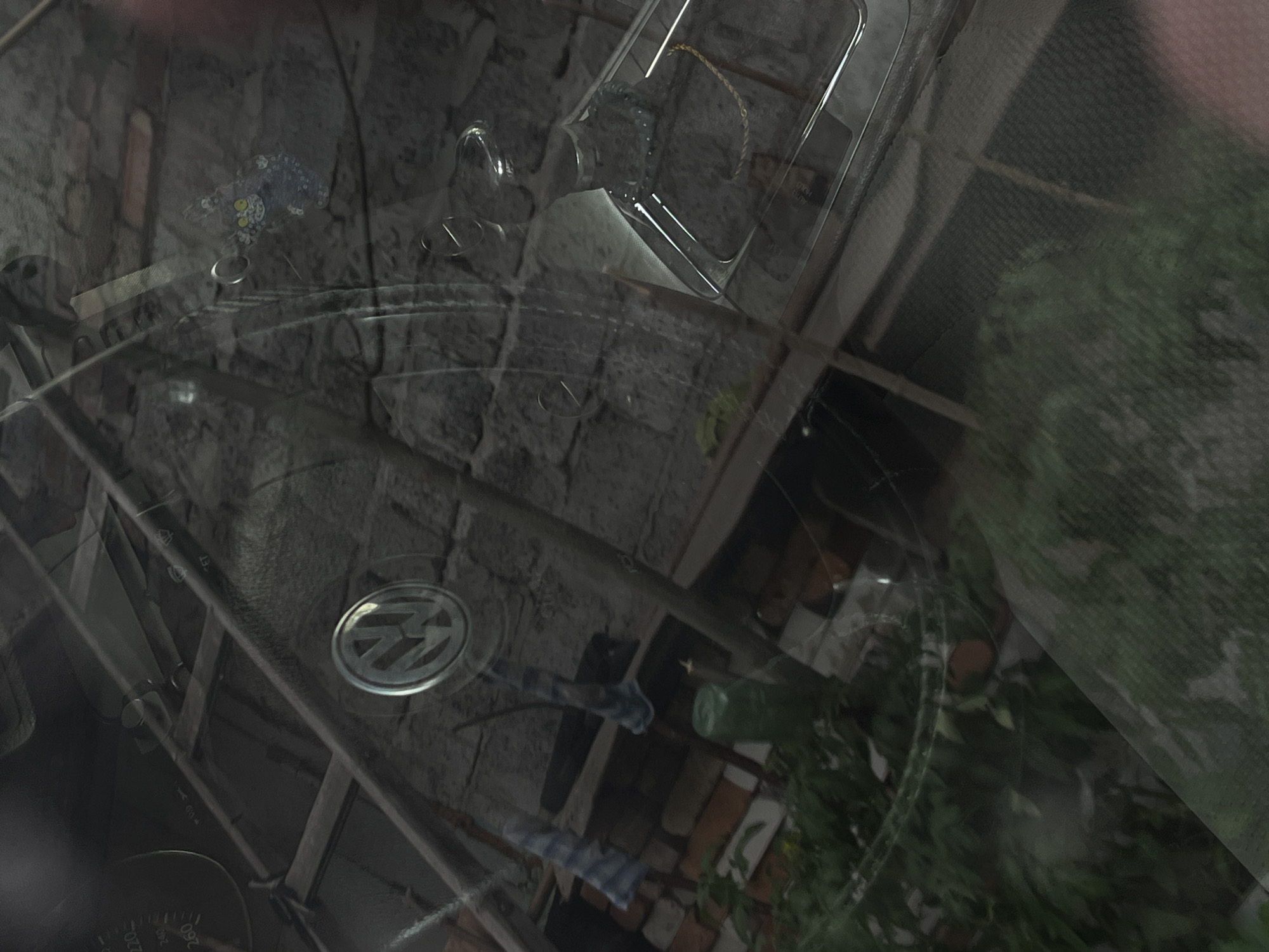The image appears to be a reflection on a car windshield. The primary subjects are reflections of objects inside and outside the car. Inside the car, there's a rearview mirror and a Volkswagen logo emblem, suggesting it's a car. There are also reflections of what appear to be a plastic bottle and a small decorative item, possibly a keychain with a blue and yellow design. Outside the car, there are reflections of brickwork, trees, and foliage, suggesting an outdoor setting. The lighting indicates it could be daytime, with overcast or diffused light. The reflections are layered and somewhat distorted due to the windshield's curvature and potential smudges. The overall scene is an indoor view from a car, looking outwards, with the car's interior elements reflecting alongside the external environment. There is no discernible activity or event taking place; it's a still image of reflections. No text is clearly visible beyond what might be on the car's dashboard or interior components, which are too blurry to read. The location context of Lviv, Ukraine, doesn't provide specific visual cues within the image itself, as the reflections are generic.