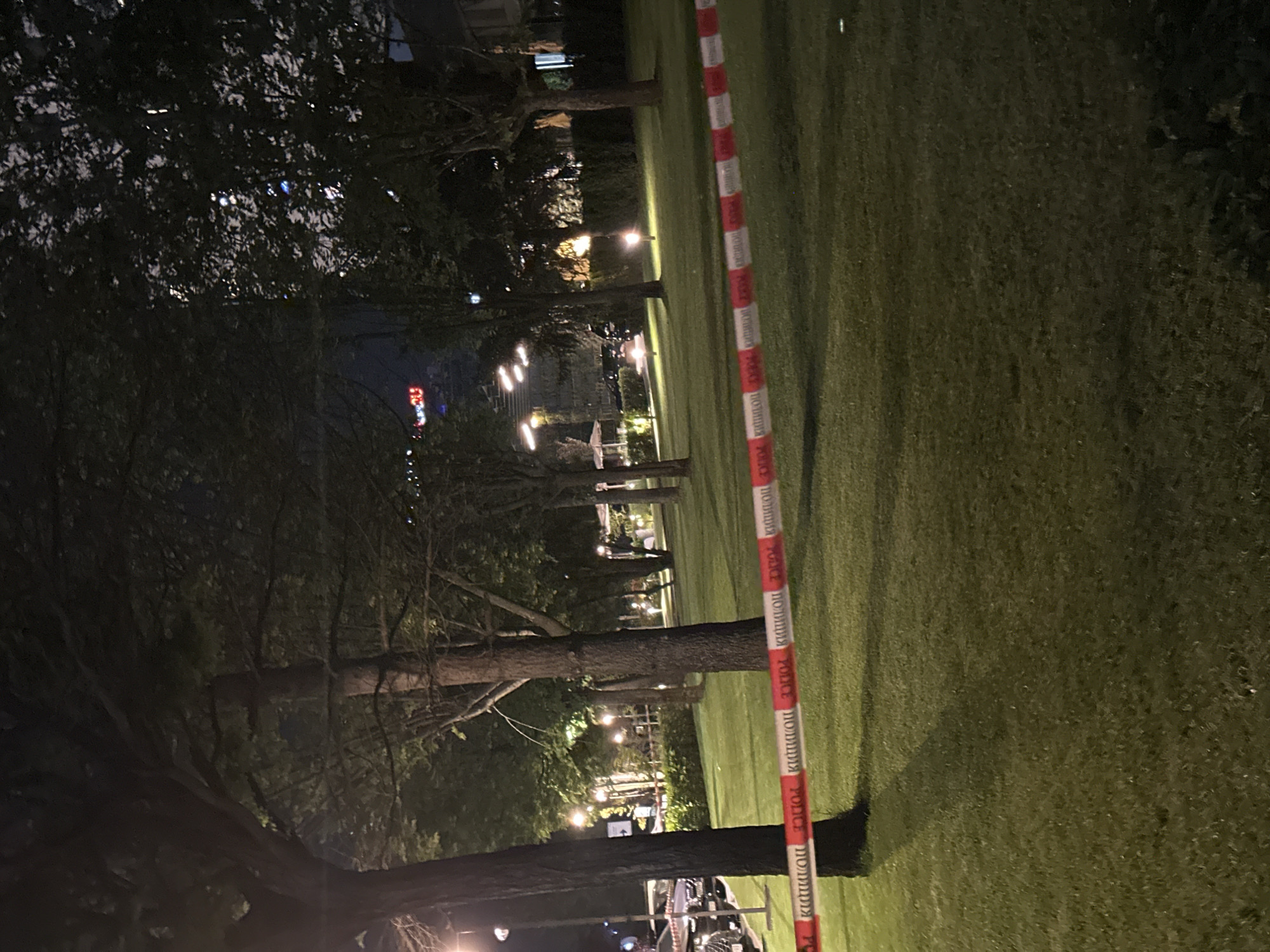 A nighttime scene unfolds in a grassy park area within an urban environment. A red and white striped police tape spans across the foreground, stretched taut over the grass and obscuring the lower portion of several trees. The tape features repeating text that reads "POLICE" in a dark font, suggesting a restricted or cordoned-off area. Beyond the tape, the park is illuminated by scattered lampposts, casting pools of light on the manicured lawn and casting long shadows from the trees. In the background, the silhouettes of more trees and foliage are visible, with hints of urban development peeking through. Distant building lights and illuminated signs, including a brightly lit red sign, suggest the presence of nearby city structures and businesses. The overall impression is one of a tranquil, albeit potentially significant, outdoor space at night, marked by the presence of law enforcement tape.