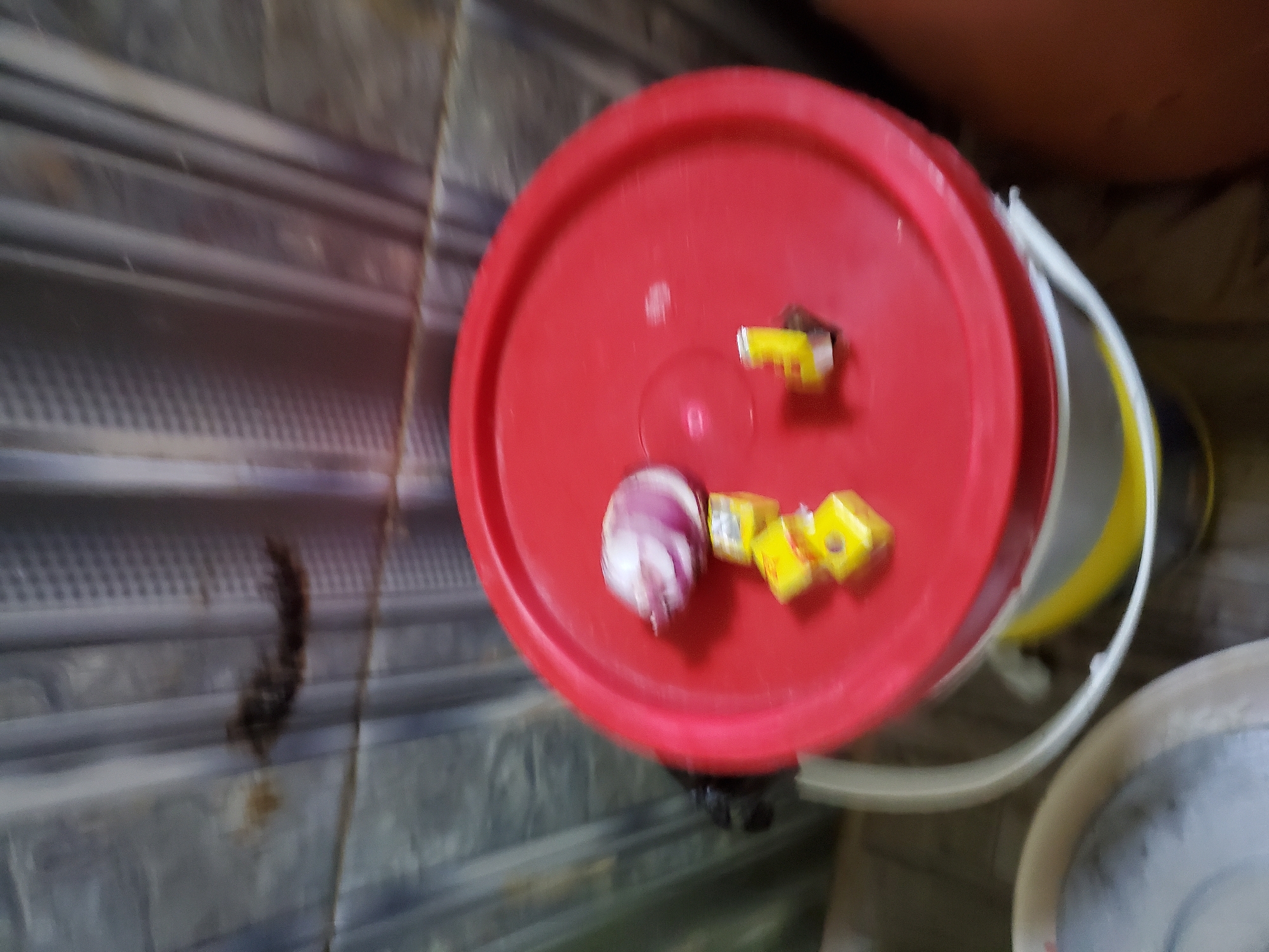 The image shows a red lid of a bucket with a half-cut red onion and three yellow bouillon cubes on it. The bucket is yellow and white and is likely in a kitchen or outdoor cooking area in Jalingo, Nigeria. The background shows a tiled wall with vertical lines. The image is blurry and appears to have been taken in low light.