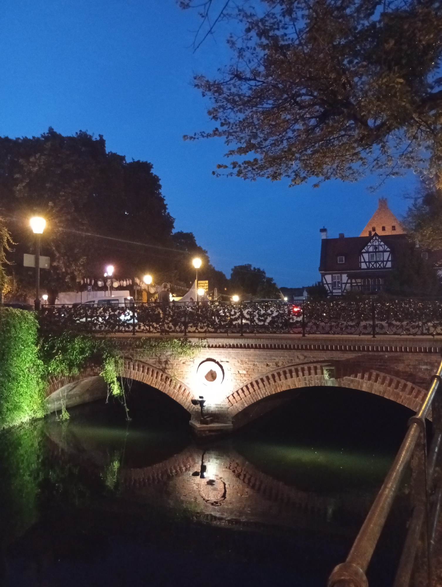 This image captures a scene in the city of Gdańsk, Poland, at dusk or night. The foreground features a canal or river with dark, reflective water. An arched brick bridge spans the water, with greenery climbing its left side. The bridge has decorative iron railings along its top, adorned with numerous padlocks, a common practice in many cities to symbolize love.
Above the bridge, a street is visible with several lampposts illuminating the area. In the background, a quaint, half-timbered building with a red roof stands against the deep blue twilight sky. Trees frame the scene on the left and top right. The overall atmosphere is serene and romantic, with the artificial lights contrasting with the natural elements and the fading daylight.