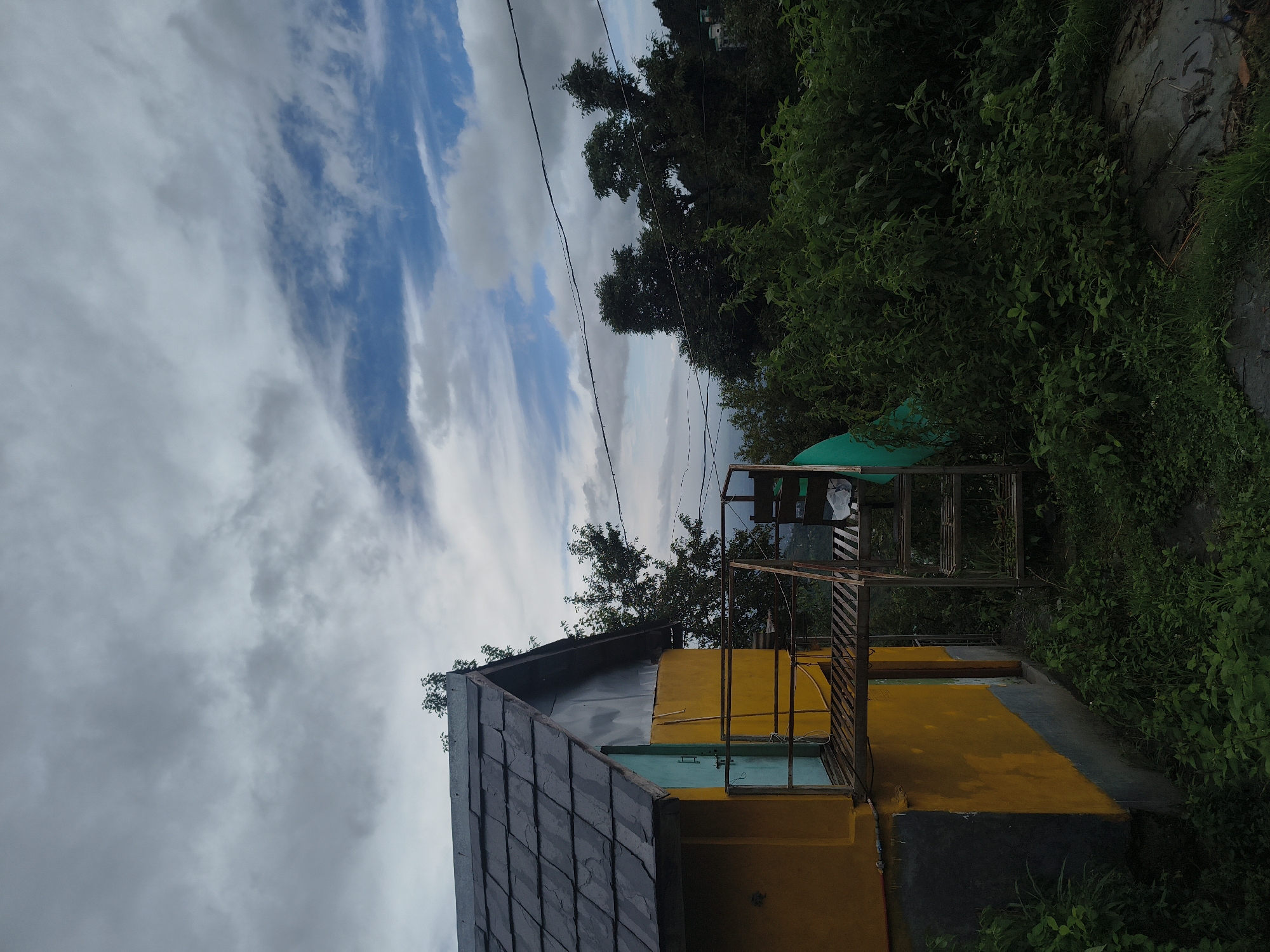 The image depicts a side view of a yellow and turquoise house with a dark gray tiled roof, situated amidst lush green vegetation. An external metal staircase leads to a small metal platform attached to the house. In the background, a dense forest of trees is visible, with power lines crisscrossing the sky. The sky is partly cloudy with patches of blue visible. The scene appears to be a rustic dwelling, possibly in a rural or hilly area. The location of Haini, India is not explicitly visible or identifiable within the image content.