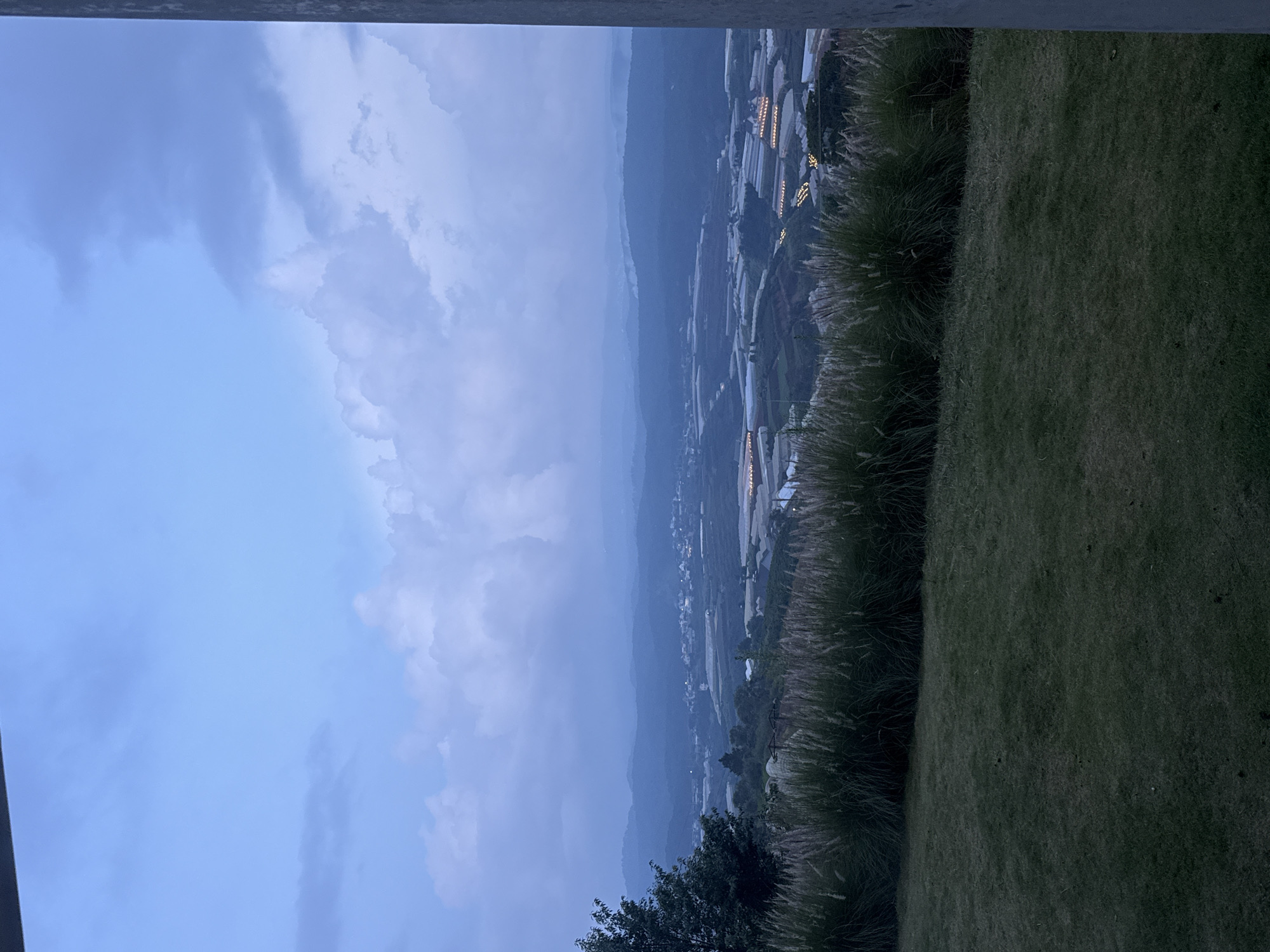 The image depicts a broad landscape view at dusk, likely in the Đa Lộc area of Vietnam, characterized by rolling hills and agricultural greenhouses. In the foreground, a neatly mowed green lawn occupies the bottom third of the frame, transitioning into a dense border of tall, feathery grasses that stretch across the middle ground. Beyond this vegetation, the landscape unfolds into a series of cultivated fields dotted with numerous agricultural greenhouses, many of which are illuminated with warm, artificial lights. The middle ground is also characterized by a scattered collection of buildings and structures, suggesting a rural or semi-rural settlement. In the far distance, layers of mist-shrouded mountains fade into the horizon under a twilight sky. The sky itself is a mix of soft blue and grey, with large, diffused clouds adding depth and texture to the atmospheric conditions of the scene. A vertical, grey pillar is partially visible on the right edge of the frame, suggesting the vantage point is from a structure or balcony. There are no people or animals visible in the image.