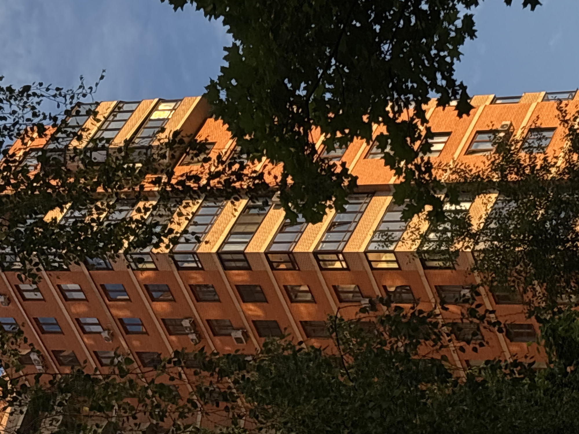 The image captures a tall, modern building through the dense, dark green foliage of trees. The building, likely residential or office, features a warm, reddish-brown or brick-colored facade with distinctive angular sections, particularly noticeable in the upper levels where windows are set at a sharp incline. Below these, the building presents multiple stories with numerous rectangular windows, some reflecting a bright, golden light, suggesting interiors or reflections of the sun. Several white, rectangular air conditioning units are mounted on the exterior walls beneath various windows.
The scene is illuminated by warm, golden sunlight, indicating either late afternoon or early morning. A clear, bright blue sky is visible above the building and through gaps in the tree canopy. The foliage frames the building, creating a natural border at the bottom, left, and right of the frame, with some leaves casting shadows onto the building's surface. No people or specific activities are visible, presenting a static architectural and natural landscape. There is no discernible text within the image. This scene is located in Moscow, Russia.