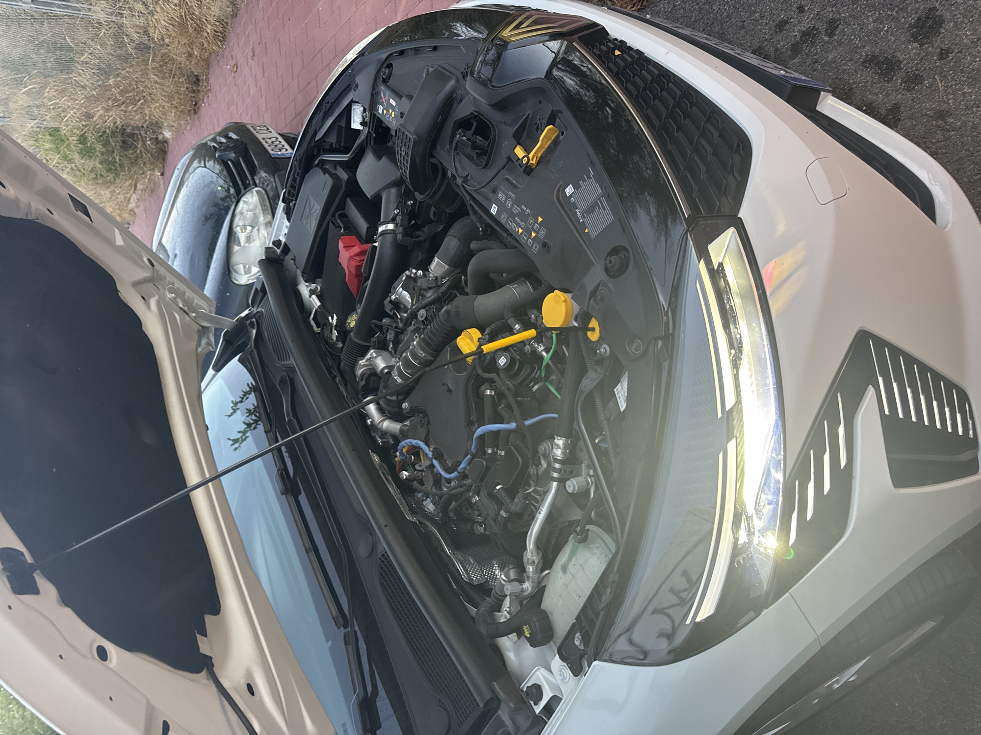 The image shows a white car with its hood open, revealing the engine compartment. The car is parked outdoors on a paved surface, possibly a street or driveway, with dry vegetation and a fence in the background. A black car is parked behind it. The scene appears to be in a residential or urban area. There are no people visible in the image. The lighting suggests it is daytime.