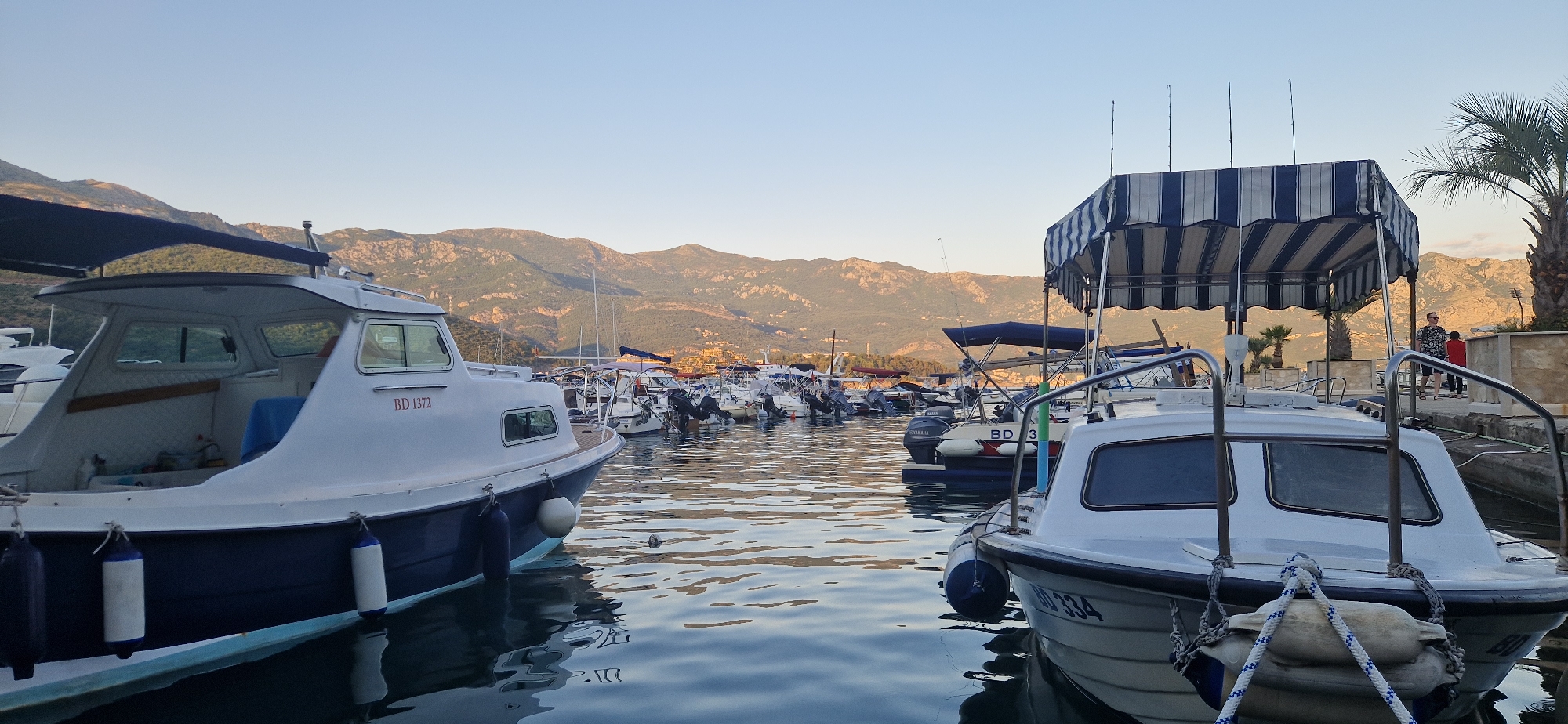 The image captures a serene harbor scene in Budva, Montenegro, with numerous boats docked against a backdrop of rolling, sun-drenched mountains. The foreground is dominated by the stern of a white and blue motorboat, its hull reflecting in the calm, rippling water. The boat displays the registration "BD 1372" on its side. To the right, another motorboat with a striped awning is partially visible, with registration "BD 334". Beyond these, a fleet of smaller boats, many with outboard motors, are moored in neat rows. Two individuals are visible on a concrete walkway in the mid-ground, near a palm tree and a stone wall. The sky is a clear, pale blue, transitioning to a warmer hue near the horizon, suggesting it is late afternoon or early morning. The overall atmosphere is one of tranquility and a typical day in a coastal Mediterranean town.