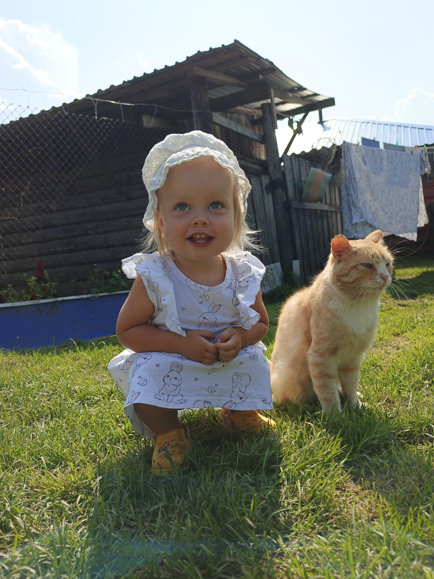 A toddler girl in a white bonnet and a white dress adorned with bunny prints sits on green grass in front of a ginger cat. The girl is looking upwards with a happy expression, her hands clasped in her lap. The cat is sitting to her right, facing away from the camera, with its eyes partially closed. In the background, a rustic wooden structure with a corrugated metal roof is visible, along with a chain-link fence and some laundry hanging on a clothesline. The scene appears to be outdoors, possibly in a rural setting or the backyard of a house in Medvedyovka, Russia, under a bright, sunny sky with scattered clouds.
