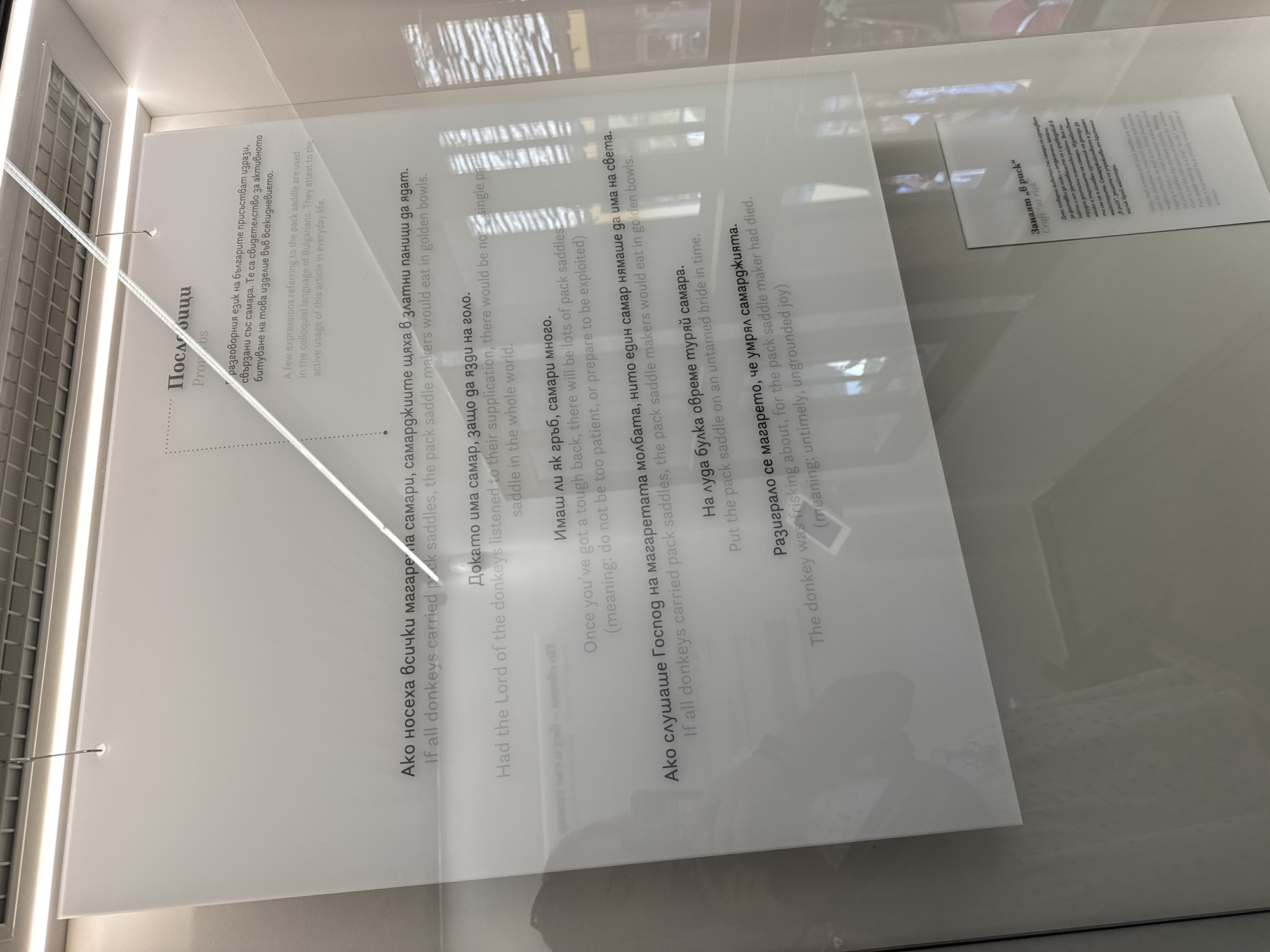 The image displays a museum exhibit featuring a text panel with Bulgarian proverbs and their English translations, centered around the theme of pack saddles. The text is presented on a white, semi-transparent surface, reflecting the environment. The exhibit appears to be located in the House of Humor and Satire in Gabrovo, Bulgaria, as suggested by the overall theme and the presence of information related to Bulgarian culture and traditions, particularly humor.
The text on the panel includes several proverbs. One section reads, "Ако носеха всички магарета самари, самарджиите щяха в златни паници да ядат" which translates to "If all donkeys carried pack saddles, the pack saddle makers would eat in golden bowls." Another proverb states, "Докато има самар, защо да язди на голо," meaning "As long as there is a saddle, why ride bareback?" Further down, "Вече ли си поел молината, трябва да се пребориш," which translates to "Once you've got a tough burden, you must fight it." Another proverb, "Ако слушаше Господ на магаретата молбата, нито един самар нямаше да има на света," translates to "If all donkeys carried pack saddles, the pack saddle makers would eat in golden bowls." The panel also includes, "На луда блъка обреме туряй самара," meaning "Put the pack saddle on an untamed bride in time." Finally, "Разбирало се магарето, че умрял самарджията," translates to "The donkey was frisking, (meaning: untimely, ungrounded joy)."
Below this, a separate smaller panel with the heading "Занаят „б риск“" (Craft "a risk") discusses the craft of making pack saddles. The text explains that pack saddles are mainly used for deliveries in mountainous regions and remote neighborhoods. It notes that the craft of making pack saddles is not the main source of livelihood for artisans, as it is practiced by a "critically small number of artisans." This aligns with the general context of a museum dedicated to humor and satire, which often explores traditional crafts and their relevance in modern society.
The exhibit is illuminated by overhead lights, causing glare and reflections on the surface of the display. The background shows a blurred view of window blinds, indicating an indoor setting. No people are visible in the image. The overall atmosphere is informative and educational, focusing on cultural expressions and traditional practices.