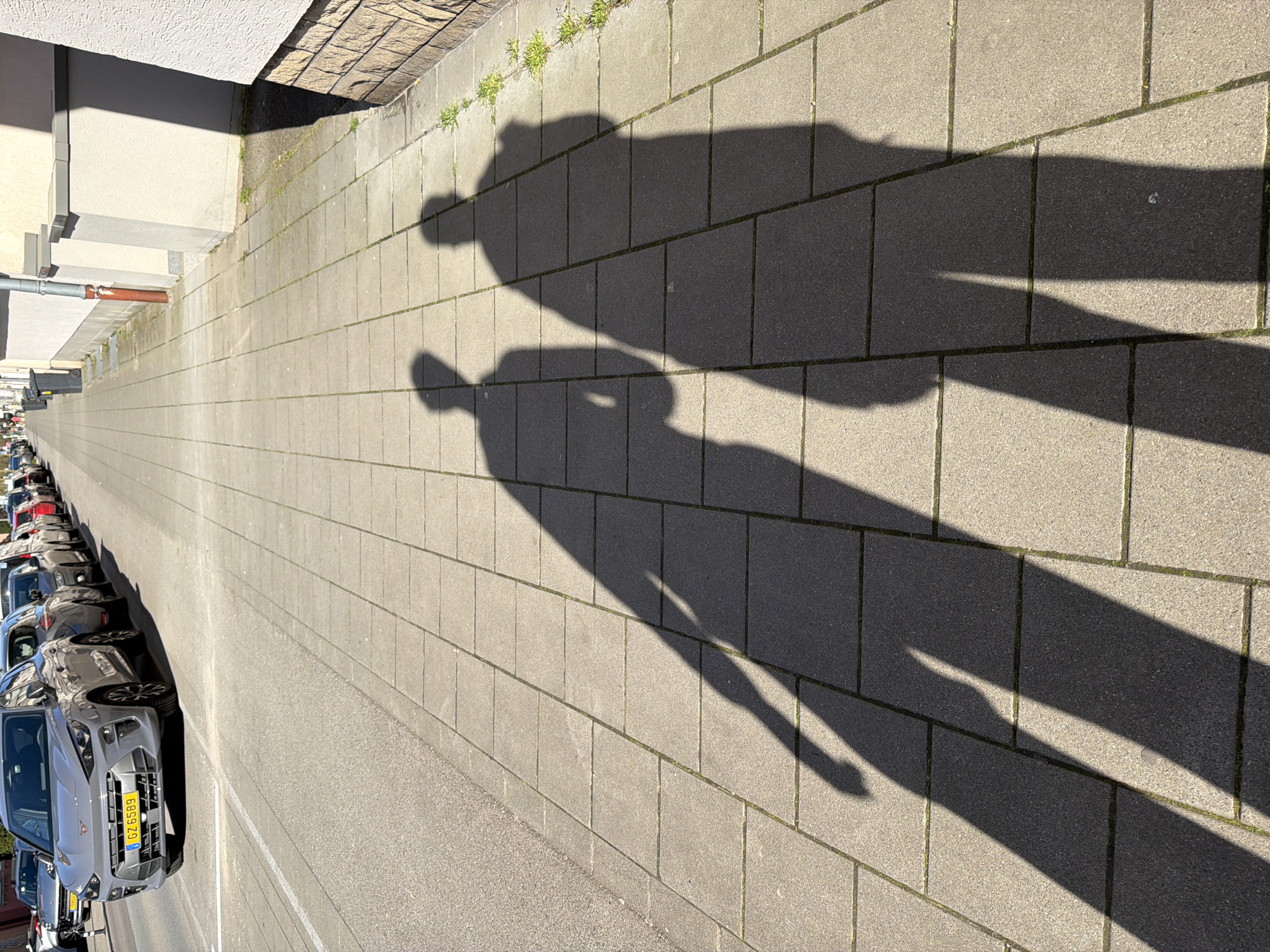 A street scene in Esch-sur-Alzette, Luxembourg, shows a line of parked cars on the left, a paved sidewalk, and the shadows of two individuals cast onto the sidewalk. The shadow of the taller person is positioned further up the sidewalk, while the shadow of the shorter person is located more toward the foreground. The shadows suggest the individuals are standing close together. The sidewalk is composed of rectangular paving stones. The street appears to be in a residential area, with the side of a building visible on the upper left side. The lighting indicates a sunny day. A yellow license plate is visible on one of the cars.