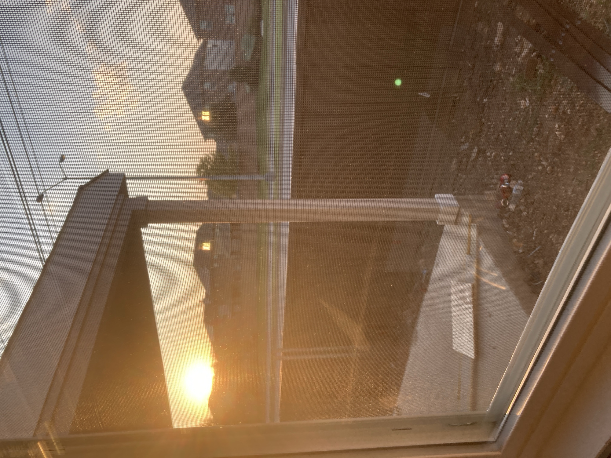 A medium-shot, eye-level, horizontal, natural light outdoor photograph captures a residential area in Round Rock, Texas, United States of America during sunset. The sun is setting on the left side of the frame, casting a warm, golden glow across the scene and creating lens flares. The foreground is partially obstructed by a window screen, which overlays the entire image with a subtle grid pattern.
Through the screen, a porch or patio structure is visible, supported by a white post. Beyond this, a street is present with houses lining the opposite side. The houses appear to be two-story residences with dark roofing and lighter colored siding. A street lamp with two lights is positioned on the left side of the frame, in front of the houses. The sky is a gradient of orange and blue, characteristic of a sunset.
The ground level in front of the houses appears to be a yard with some debris, including what looks like discarded cans. A green light reflection is visible in the lower right quadrant of the image, on what appears to be a fence or wall. The overall impression is one of a quiet suburban neighborhood at dusk.