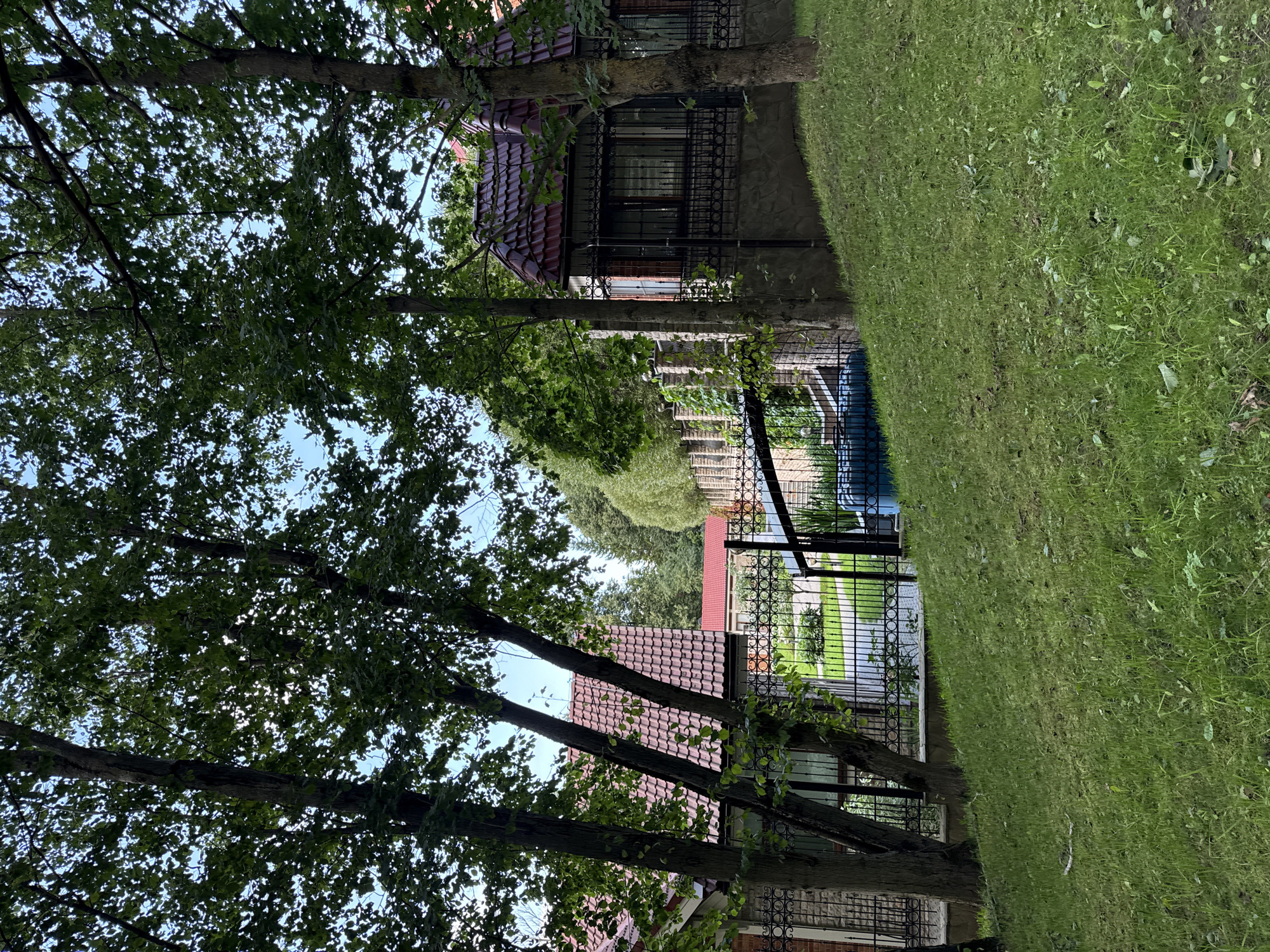 In Krasnoye Selo, Russia, a residential property is depicted from a grassy embankment. Several mature trees with dense green foliage are prominent in the foreground, partially obscuring the view of the buildings behind them. The buildings feature red-tiled roofs and are constructed with stone and brick elements. A black metal fence encloses the property, with a gate visible leading into the grounds. Beyond the fence, a paved pathway winds through a well-maintained lawn, with a blue cylindrical object, possibly a water tank or pool cover, visible to the right of the pathway. The sky is clear and bright blue. The overall scene conveys a sense of a suburban or private residential area.
