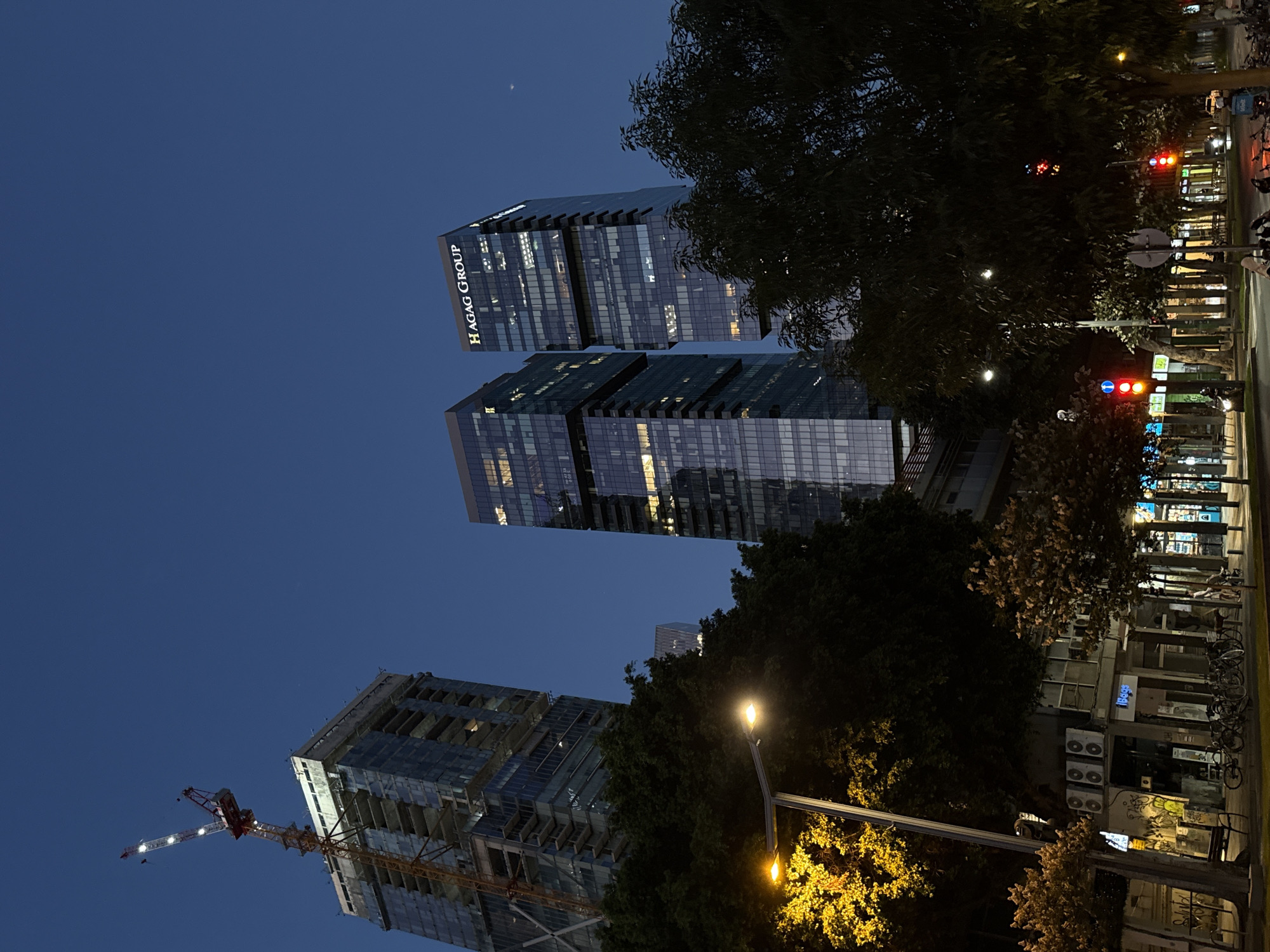 The image depicts a twilight scene in Tel Aviv, Israel, focusing on urban architecture and street-level activity. In the background, three prominent skyscrapers dominate the skyline. The leftmost building is under construction, with a large crane extending from its top. The other two buildings are complete, with the rightmost one featuring the illuminated "HAGAG GROUP" logo. Lights are visible in the windows of these completed towers, suggesting occupancy.
In the foreground and mid-ground, lush green trees partially obscure the lower portions of the buildings and create a division between the architecture and the street. A street lamp with two illuminated bulbs illuminates a nearby tree with bright yellow foliage.
At street level, a sidewalk is visible, lined with trees and storefronts. Parked bicycles are abundant on the sidewalk, and a few people are present. Traffic lights are visible, with one showing a red light. Vehicles are present on the street, including what appears to be a scooter or motorcycle. The overall impression is of a bustling urban environment transitioning from day to night.