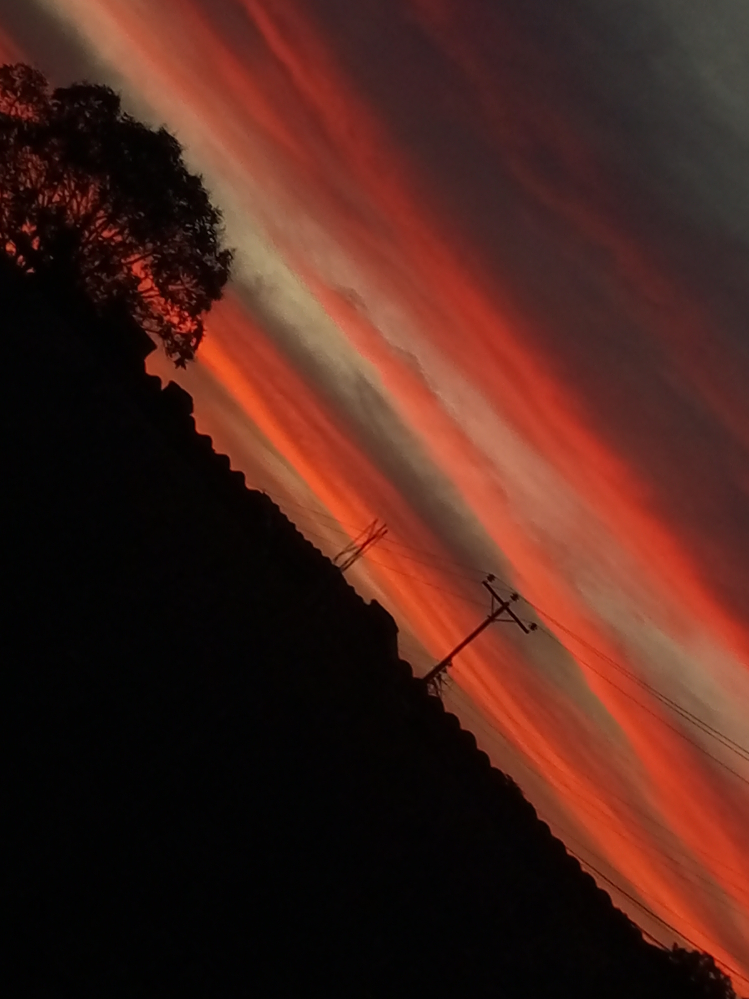 The image captures a dramatic sunset over what appears to be the outskirts of Juan Griego, Venezuela. The sky is filled with elongated cloud formations colored in vivid shades of red, orange, and gray. Silhouetted against the colorful sky are a tree on the left and a series of utility poles and wires extending diagonally across the frame. The foreground is dominated by a dark, undefined area, likely a hillside. The image is taken at an angle, lending a dynamic perspective to the composition.