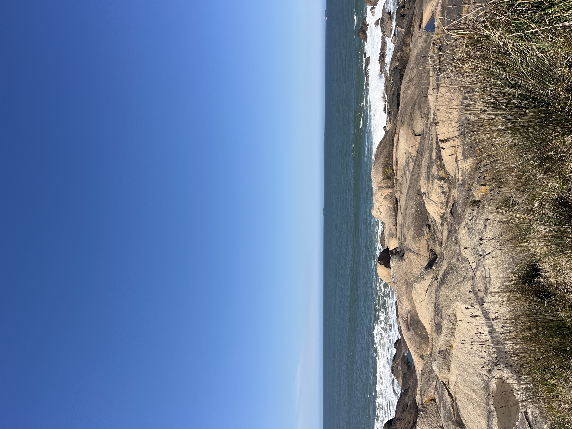 The image depicts a rocky coastline in Vila Nova de Gaia, Portugal, under a clear blue sky. The ocean extends from the middle ground to the horizon, with waves crashing against the rocks along the shore. The foreground shows a rocky terrain with dry grass.