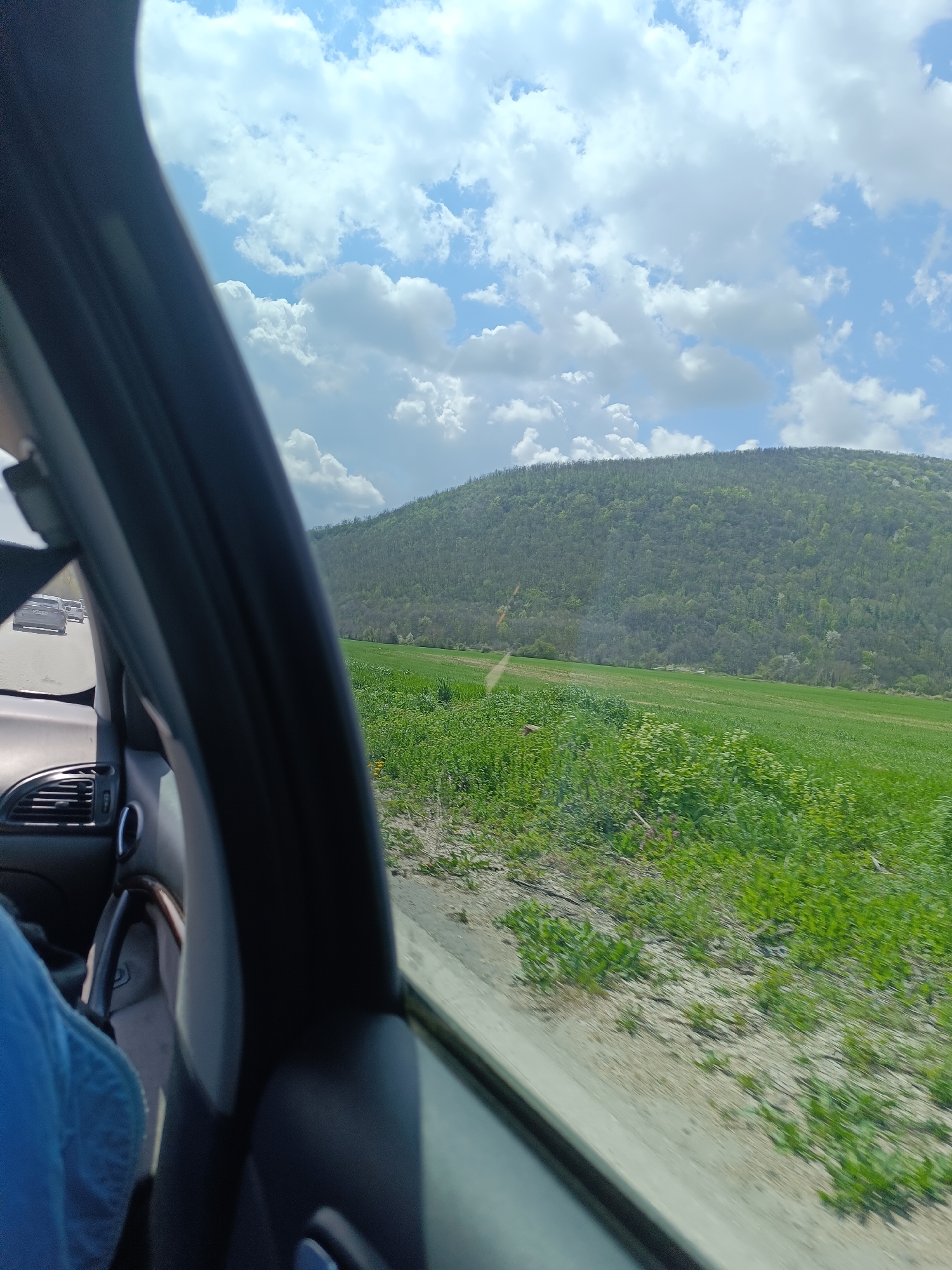 View from inside a moving car, capturing the passing scenery. The foreground is dominated by the car's interior: part of the door panel, dashboard, and a hint of a blue-clothed arm. Visible through the car window is a green landscape with a large, forested hill in the background. A bright, cloudy sky is above the hill. The road with cars is visible to the left. The location is unknown.