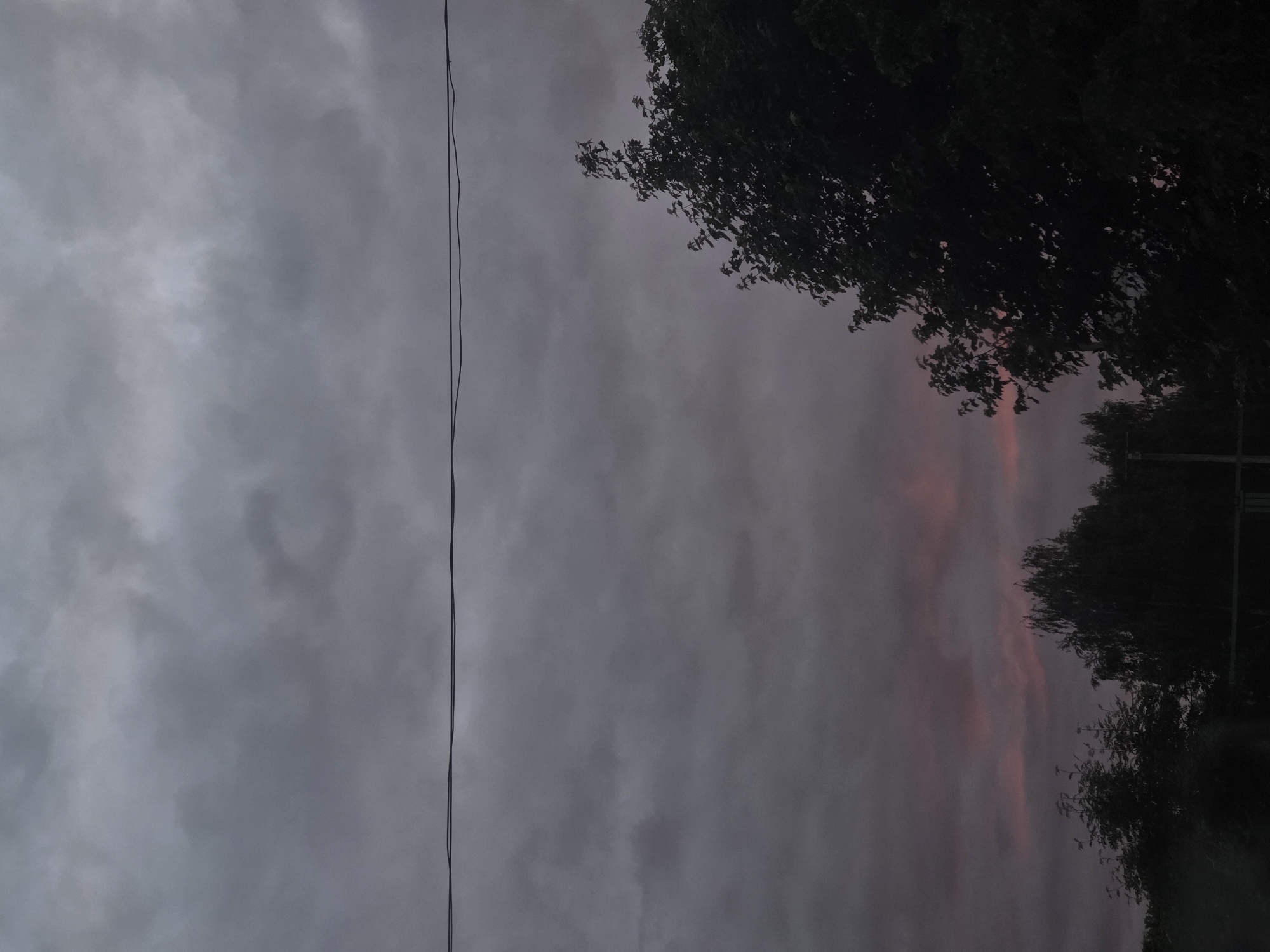 The image depicts an outdoor scene at dusk or twilight, located in the city of Unknown, Unknown. The sky is largely covered by dark, heavy grey clouds, indicating overcast conditions. A narrow band of muted pink and orange light is visible along the lower horizon, suggesting a sunset or sunrise event. A dark, thin utility wire extends horizontally across the upper middle portion of the frame. The lower half of the image is dominated by the dark silhouettes of trees, appearing as dense, black masses against the sky. A prominent tree is visible on the right side, with its canopy extending upwards and its foliage barely discernible in the low light. Other trees are clustered in the lower left and central areas. No people, animals, or additional man-made structures are visible.