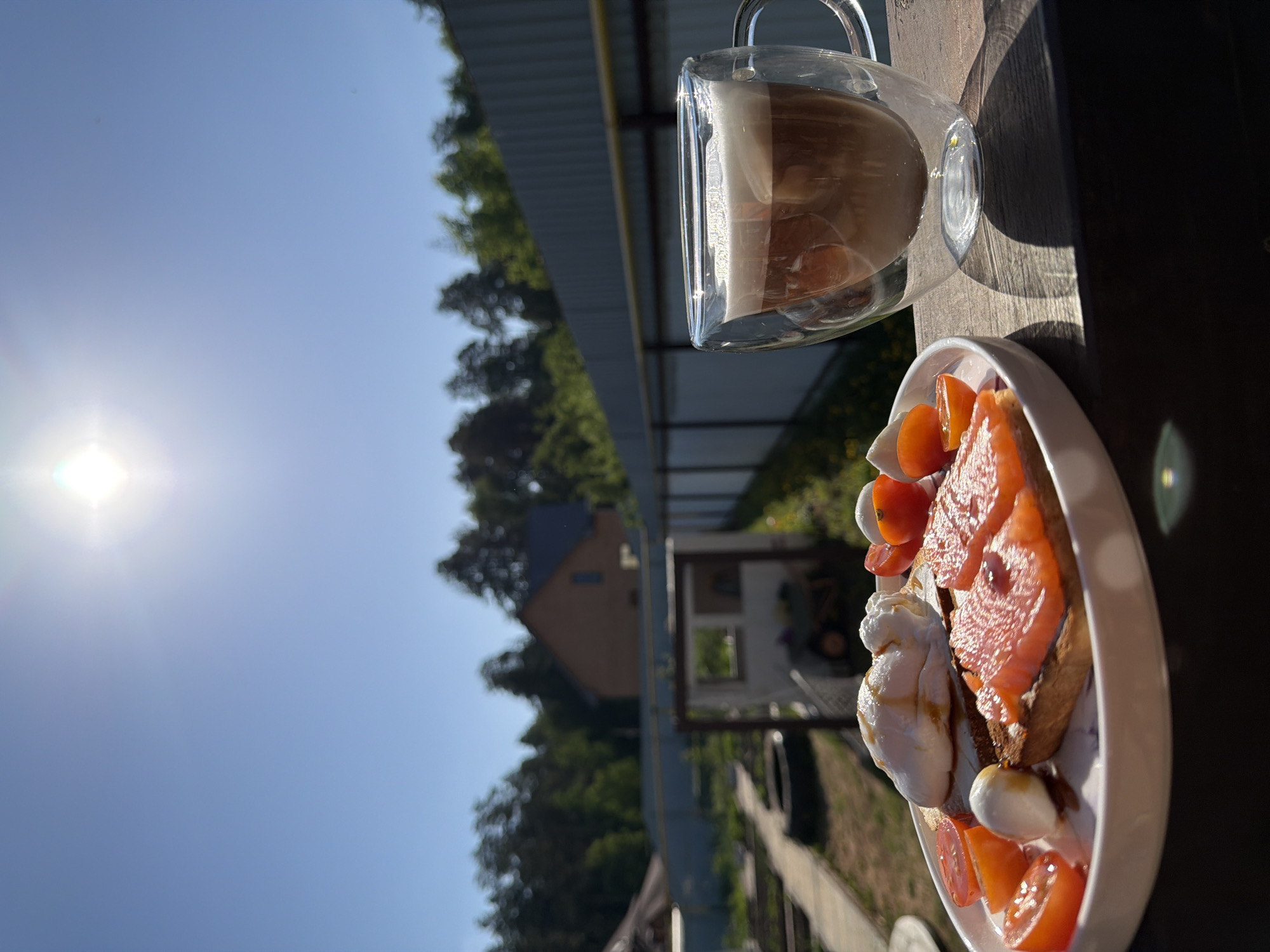 The photograph depicts a clear glass mug of coffee or latte with a white frothy layer, alongside a white plate of food featuring salmon, small mozzarella balls, sliced tomatoes, and what appears to be burrata or a similar soft cheese. The plate and mug are set on a dark, possibly wooden surface outdoors, with bright sunlight in the upper left.
In the background, there are trees and a building, which provides some contextual information. A metal fence runs horizontally across the image. Based on the query and the image details, the location is likely in Chaikovsky, Russia. The scene conveys a breakfast or brunch setting in an outdoor environment, possibly a balcony or patio, given the fence visible.