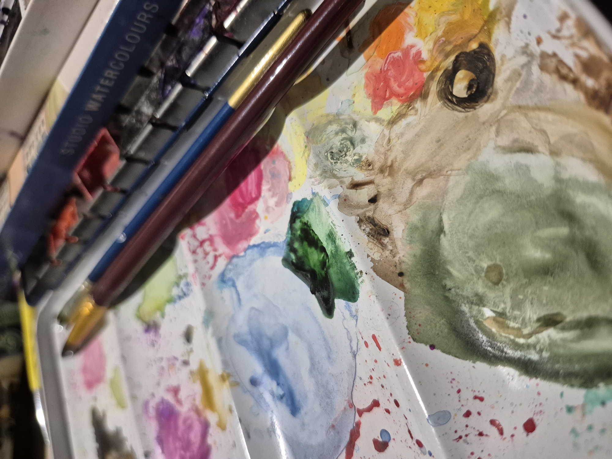 The image shows a close-up of a watercolor palette with various colors mixed and splattered. Three paintbrushes are resting on the palette, with their bristles facing upwards. In the background, a box of "STUDIO WATERCOLOURS" is partially visible. The palette itself appears to be a white plastic tray with molded wells for holding paints. The lighting suggests an indoor setting, likely a studio or workspace. There are no people visible in the image. The overall impression is of an active art creation process, with the colors and brushes indicating recent use. The location in Popovo, Bulgaria is not depicted or implied by any visual cues in the image.