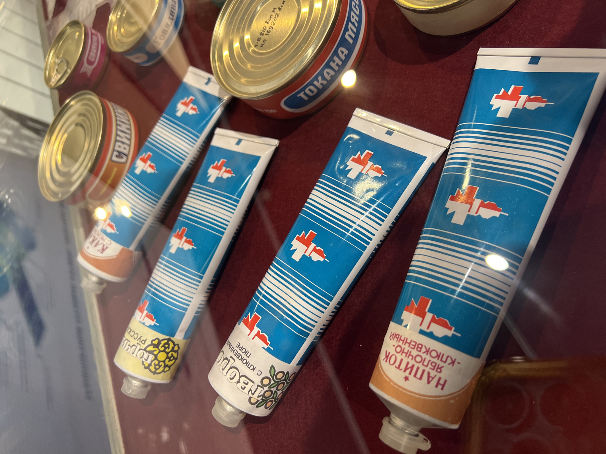 The image shows a display case with various canned goods and tubes of processed food. The cans contain meat products such as pork, beef, and "Tokana" meat. The tubes appear to contain fruit and cheese purees, including flavors like cranberry and apple. The text on the products is in Russian. The photo was taken at the Museum of Soviet arcade machines in Saint Petersburg, Russia.