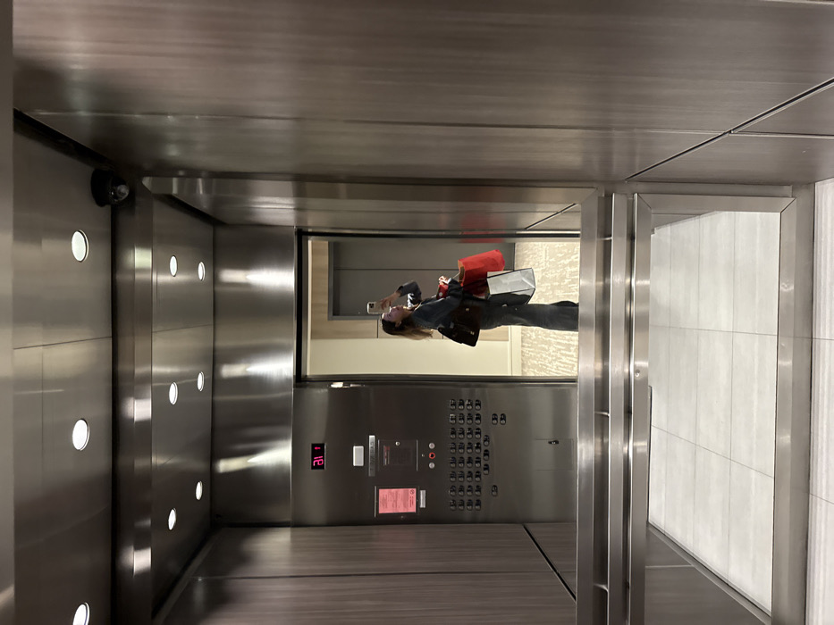 A woman with shopping bags is reflected in an elevator mirror. The elevator interior is stainless steel, featuring a panel with floor selection buttons. A surveillance camera is positioned in the upper corner. The elevator displays the current floor as "12." The reflection shows a hallway with a light-colored wall. The elevator door on the right is closed, revealing a tiled interior.