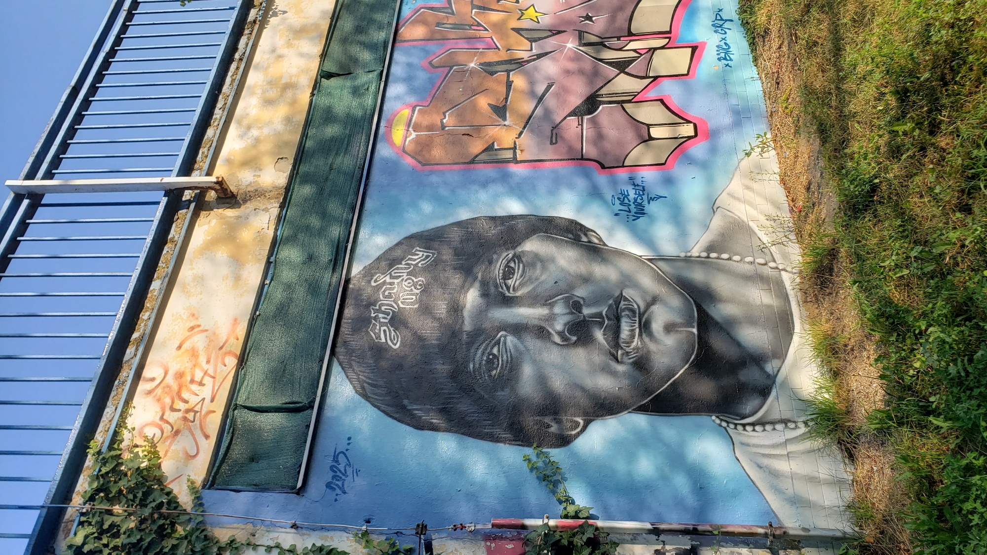 The image depicts a graffiti-covered concrete wall under a blue sky, part of a bridge or overpass. On the left, a large black and white mural shows a portrait of a young man wearing a beanie with the text "Shady 08" and a beaded necklace. The mural's background is a blue sky with clouds. To the right of the portrait are colorful graffiti letters in shades of pink, orange, and brown, with a yellow star. The word "2025" is written in blue spray paint to the left of the portrait, and text reading "...LOSE YOURSELF!!" with a symbol is located below the portrait. Further to the right, smaller graffiti reads "BIG GR P". The wall is partially covered by green mesh fencing and overgrown with ivy on the left side. The ground in front of the wall is covered with dry grass and some small green plants. The overall scene suggests an urban environment, possibly a public underpass or an area known for street art. The graffiti suggests a theme related to the artist Eminem, given the "Shady" reference and the "Lose Yourself" lyric. While the exact location in Prešov, Slovakia is not identifiable from the image alone, such graffiti art is commonly found in urban areas, often under bridges or on public walls.