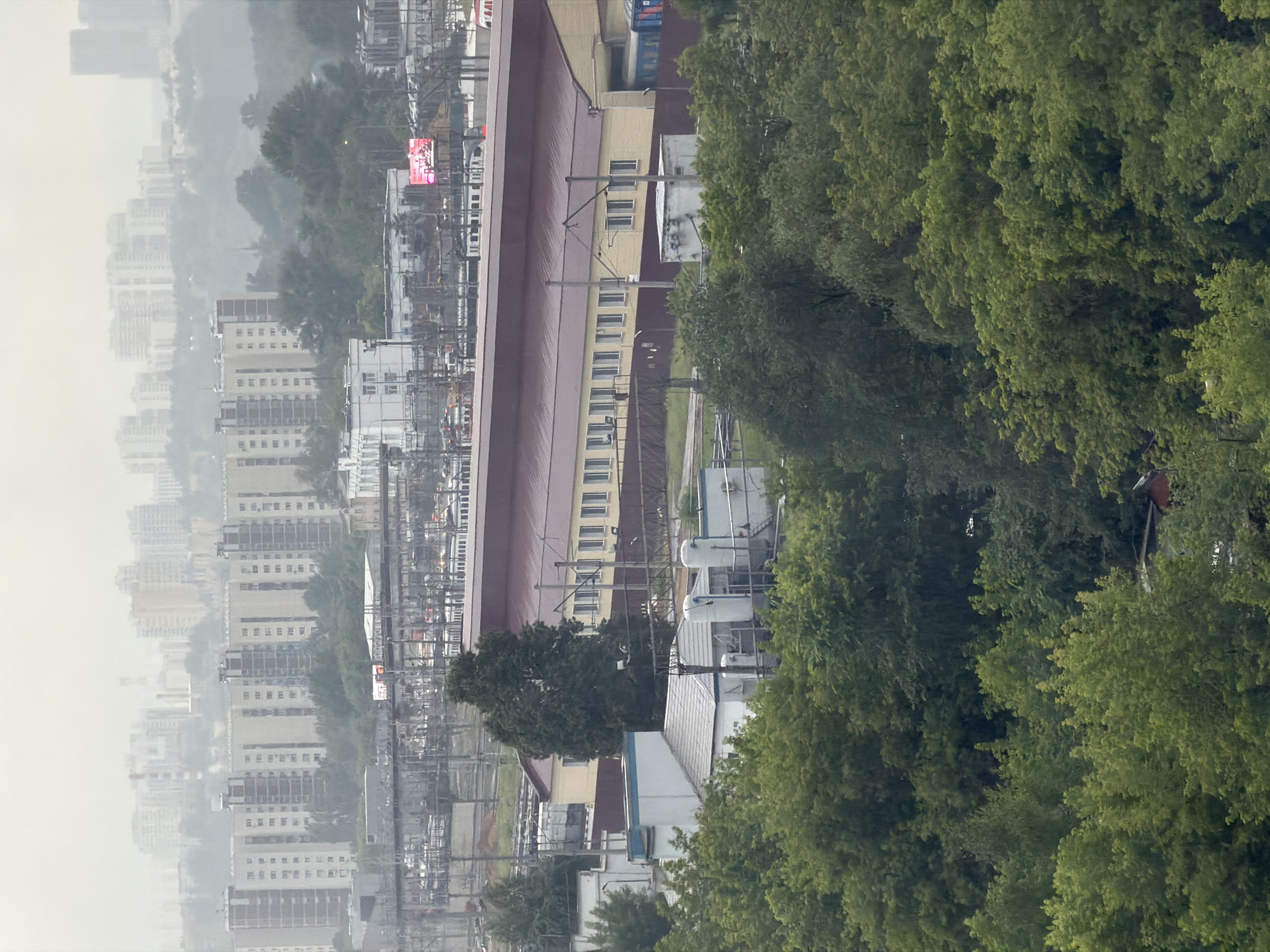 The image captures a hazy, overcast cityscape with a focus on industrial and residential buildings. The perspective is from a high vantage point, looking down and across.
In the foreground, dense green foliage dominates the right side of the frame, suggesting a heavily treed area adjacent to the urban environment. The trees are lush and full, casting some shadow on the scene below.
Beyond the trees, a long, low-rise industrial building with a maroon roof and pale yellow walls is prominent. Rows of windows line the building's facade. Electrical wires and poles associated with a train or tram line are visible in front of this building. Further back and to the left, a dense cluster of tall residential apartment buildings can be seen, receding into a misty haze. These buildings are modern, with many floors and repeating window patterns.
In the distance, more industrial structures and infrastructure are discernible, including what appear to be railway tracks and utility poles. A bright pink digital billboard with some text is visible on one of the buildings in the middle distance. The overall atmosphere is muted due to the overcast weather and haze, which obscures details and creates a sense of depth. The time of day appears to be daytime, given the ambient light, but the weather conditions suggest a dull, possibly rainy or foggy day. The scene depicts a typical urban environment in Moscow, Russia, with a mix of green spaces, industrial facilities, and high-density housing.