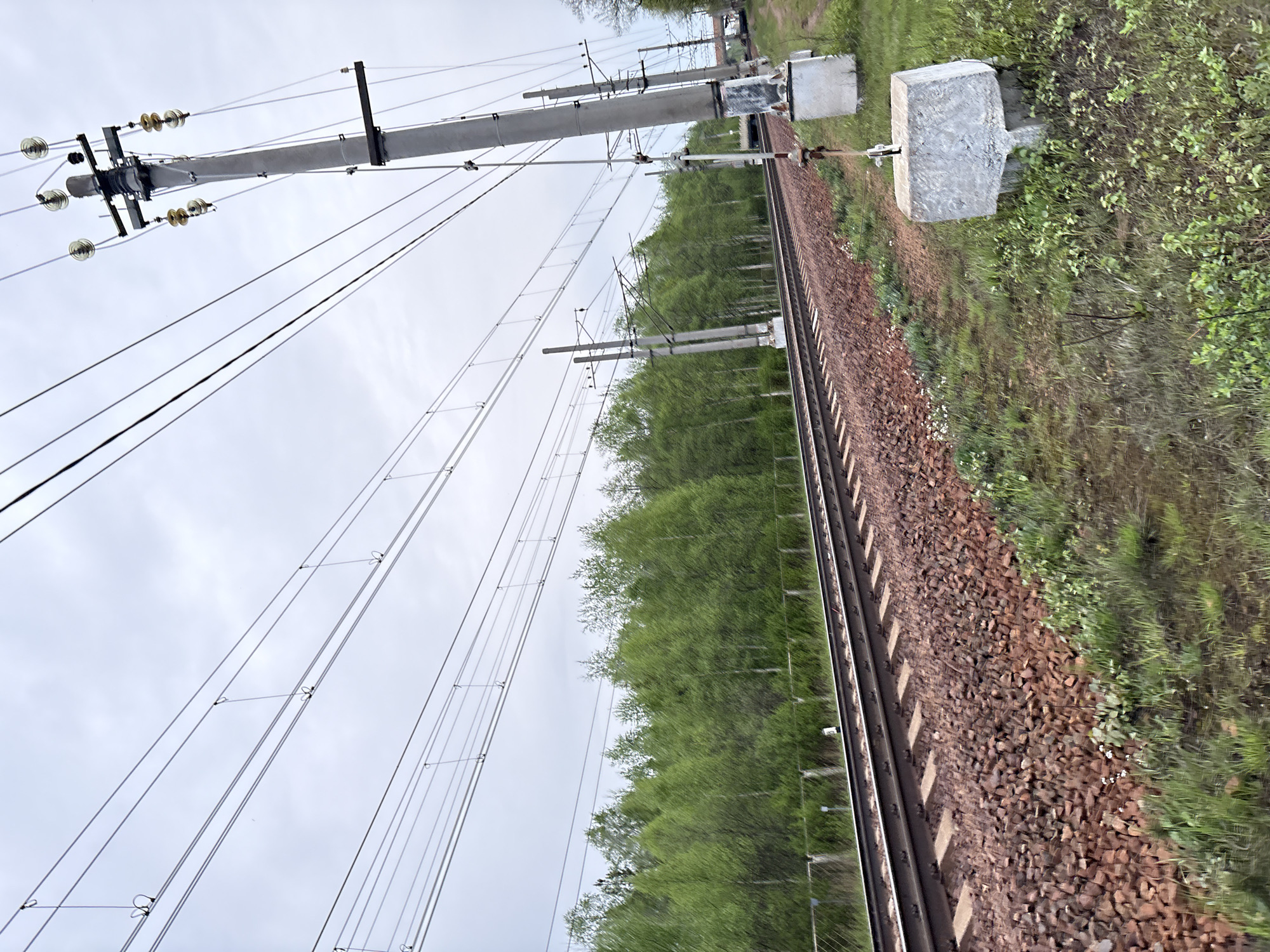 The image shows a section of railway track in Solnechnoye, Russia, with power lines running alongside. The track is lined with gravel and vegetation. Concrete poles support the power lines, which extend into the distance. Dense green trees flank the railway. The sky is overcast.