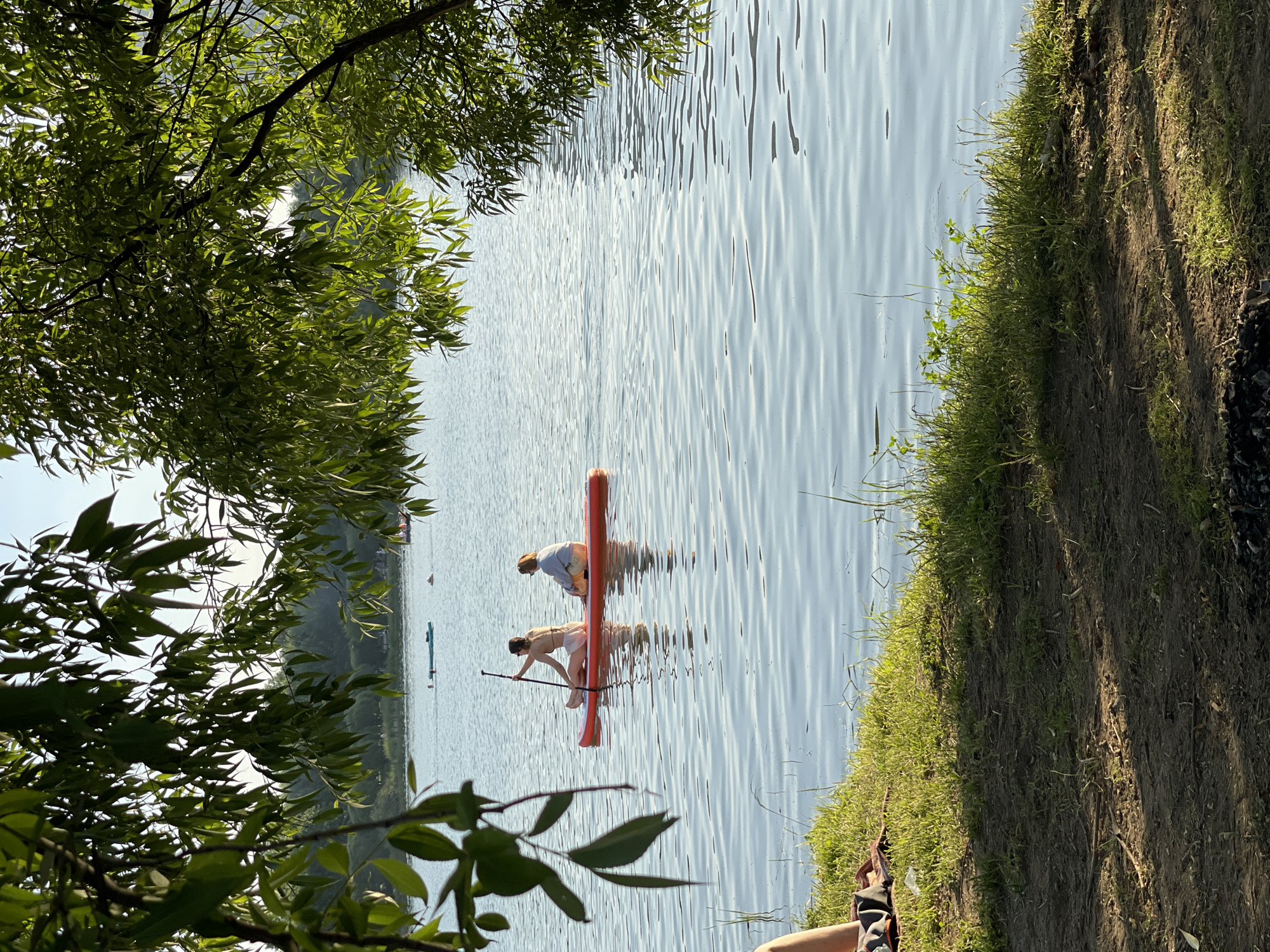 The image depicts a serene late afternoon or early evening scene on a body of water in Moscow, Russia, specifically consistent with **Serebryany Bor**, a large nature park with lakes and backwaters. The perspective is from the shaded bank, partially obscured by the dark green, narrow leaves and branches of an overhead tree, which frame the top and sides of the view.
In the immediate foreground, a shadowed dirt path occupies the bottom of the frame, transitioning into a strip of sunlit green grass along the water's edge. On the far left, a person's bare lower legs, presumably sitting, are visible on the bank next to a dark fabric item, possibly a towel or blanket.
The central focus of the image is two individuals on an orange inflatable stand-up paddleboard (SUP) positioned on the calm, rippled water. The person at the front, with dark hair and wearing a light-colored bikini top and shorts, holds a paddle and is actively propelling the board towards the left of the frame. The second person, seated at the rear of the board, wears a light blue top and orange/patterned shorts, facing towards the right, appearing relaxed. Their reflections are clearly visible on the water's surface. Further in the distance on the water, other recreational users are discernible, including what appears to be a light blue kayak or paddleboard and another individual in the water.
The distant bank is densely covered with lush green trees, with glimpses of what may be small structures or park infrastructure visible through the foliage. The sky above, seen through gaps in the foreground leaves, is a clear light blue, suggesting fair weather. The overall lighting indicates sunlight filtering through the trees, casting shadows on the foreground bank and illuminating the water and distant scenery.