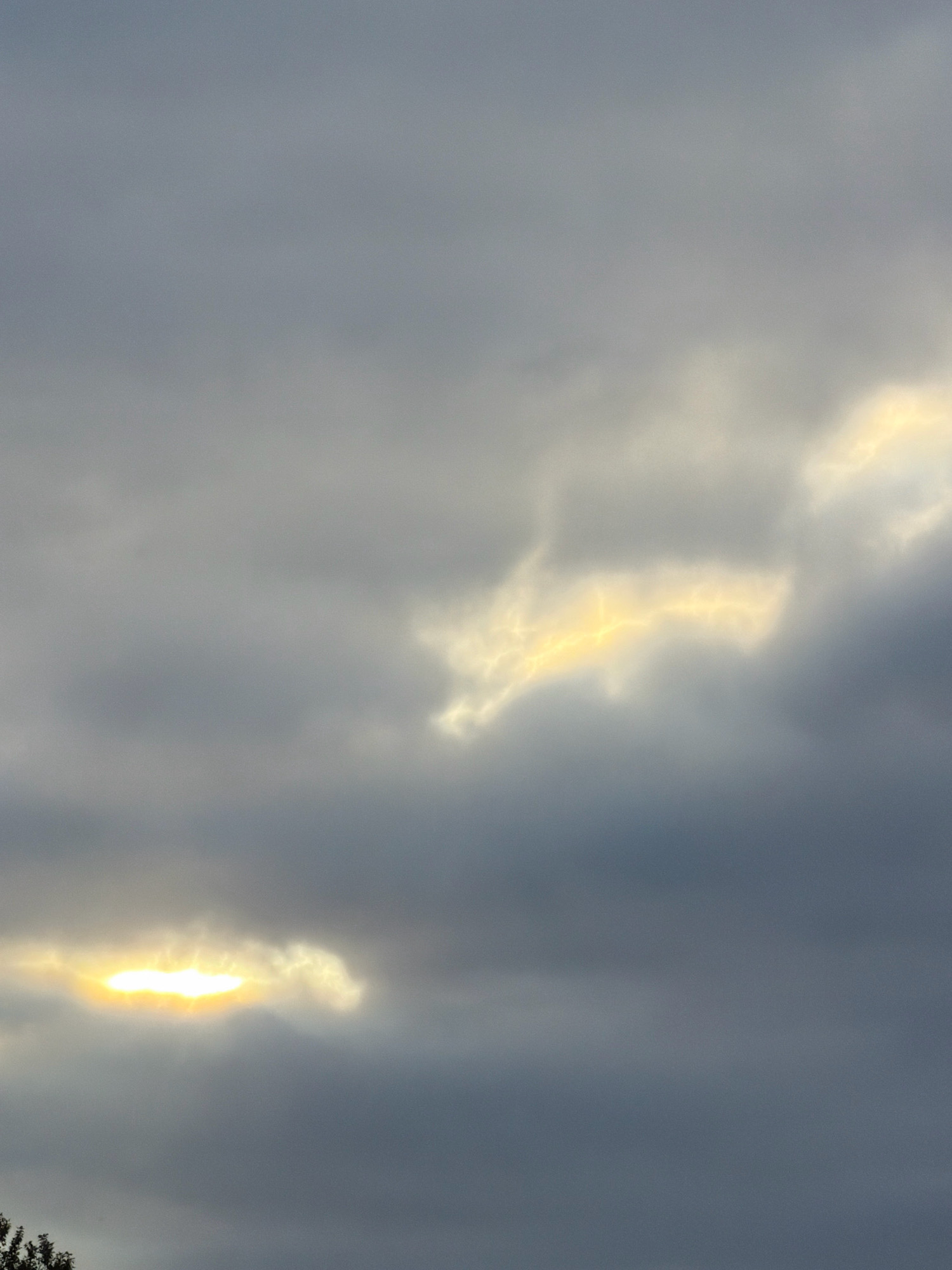 This is a photograph of a cloudy sky with patches of sunlight breaking through. The clouds are dark gray and appear to be heavy, suggesting potential rain. The sunlight is bright and illuminating small areas of the clouds, creating a dramatic effect. In the lower left corner, a small portion of dark green foliage from a tree is visible, indicating an outdoor setting, likely within the city of Koszalin, Poland. The image captures a moment of natural light interacting with atmospheric conditions, with no people or specific objects identifiable beyond the natural elements.