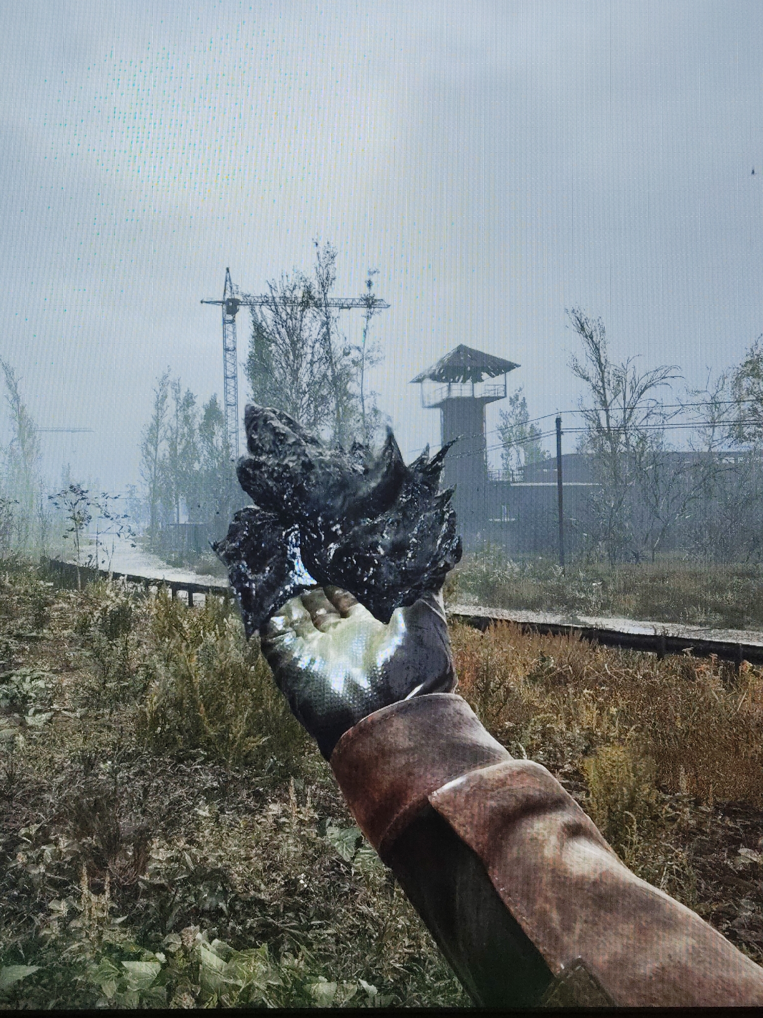 This first-person perspective image captures a scene set in a desolate, overgrown environment, likely from a video game due to the on-screen pixel grid and game-like interface elements.
The primary subject is a gloved hand and forearm, seen from the elbow down, holding a dark, irregularly shaped object. The object is amorphous, appears wet or metallic-black, with jagged protrusions and a somewhat molten or crystalline texture, reflecting light. The hand is covered by a shiny, silvery glove or gauntlet, contrasting with the forearm, which is encased in a weathered, reddish-brown, possibly leather or canvas, sleeve.
The activity depicted is the holding and observation of this mysterious object.
The setting is an outdoor, seemingly abandoned area characterized by overgrown vegetation, including tall dry grass, bushes, and scattered trees, some appearing bare or sparsely leaved. In the mid-ground and background, industrial or security structures are visible under an overcast sky. To the left, a large, skeletal crane or transmission tower rises into the sky. To the right, a watchtower or guard post with a damaged roof stands, behind which faint structures or a fence line can be seen. A dark, low-lying structure, possibly a concrete path or old railway tracks, runs across the mid-ground.
Notable details include the gloomy, muted lighting suggesting an overcast day. The overall atmosphere is one of decay, abandonment, and possibly a post-apocalyptic or hazardous zone. There is no visible text in the image.