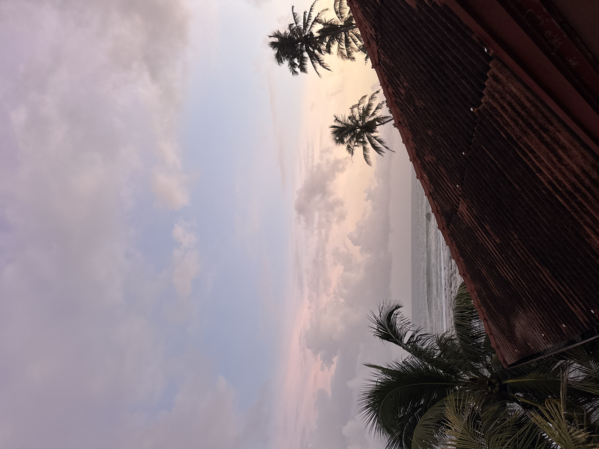The image captures a serene sunset view from a rooftop in Goviyapana, Sri Lanka. The sky is painted with soft hues of purple, pink, and orange, with scattered clouds adding texture. In the foreground, a weathered, rusty-red tiled roof slopes diagonally across the frame. Several palm trees with their fronds silhouetted against the sky are visible, some in the foreground and others emerging from behind the roof. Beyond the rooftop, the ocean stretches out, its surface reflecting the muted colors of the sunset. The water appears calm with gentle waves. The overall atmosphere is tranquil and peaceful.