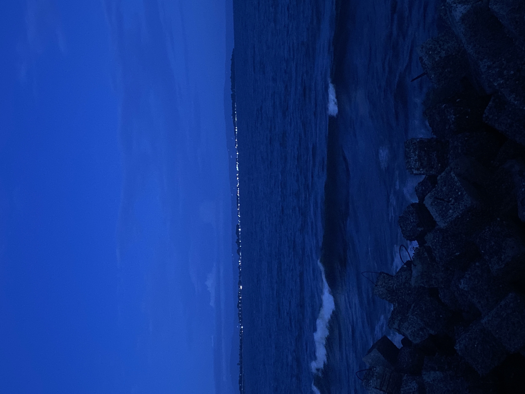 The image depicts a coastal scene at dusk, likely in Davao City, Philippines. The foreground is dominated by a pile of large, dark, concrete blocks, possibly part of a breakwater or seawall. These blocks are rough and irregular in shape, with some showing exposed rebar.
Beyond the concrete structures, the deep blue water of the ocean stretches towards the horizon. Gentle waves are visible, with white foam cresting on a few. In the distance, a faint line of lights twinkles along the coastline, suggesting a city or populated area. The sky is a dark, twilight blue, with some indistinct clouds present. The overall atmosphere is serene and subdued, indicative of the transition from day to night. No people are visible in the image.