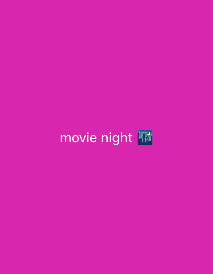 The image is a minimalist design with a bright magenta background. In the center of the image, the words "movie night" are written in white sans-serif font. To the right of the text, there is an emoji depicting buildings under a starry night sky with a moon. There are no people, other objects, or environmental elements present in the image, nor is there any information linking it to Nsugpe, Nigeria.