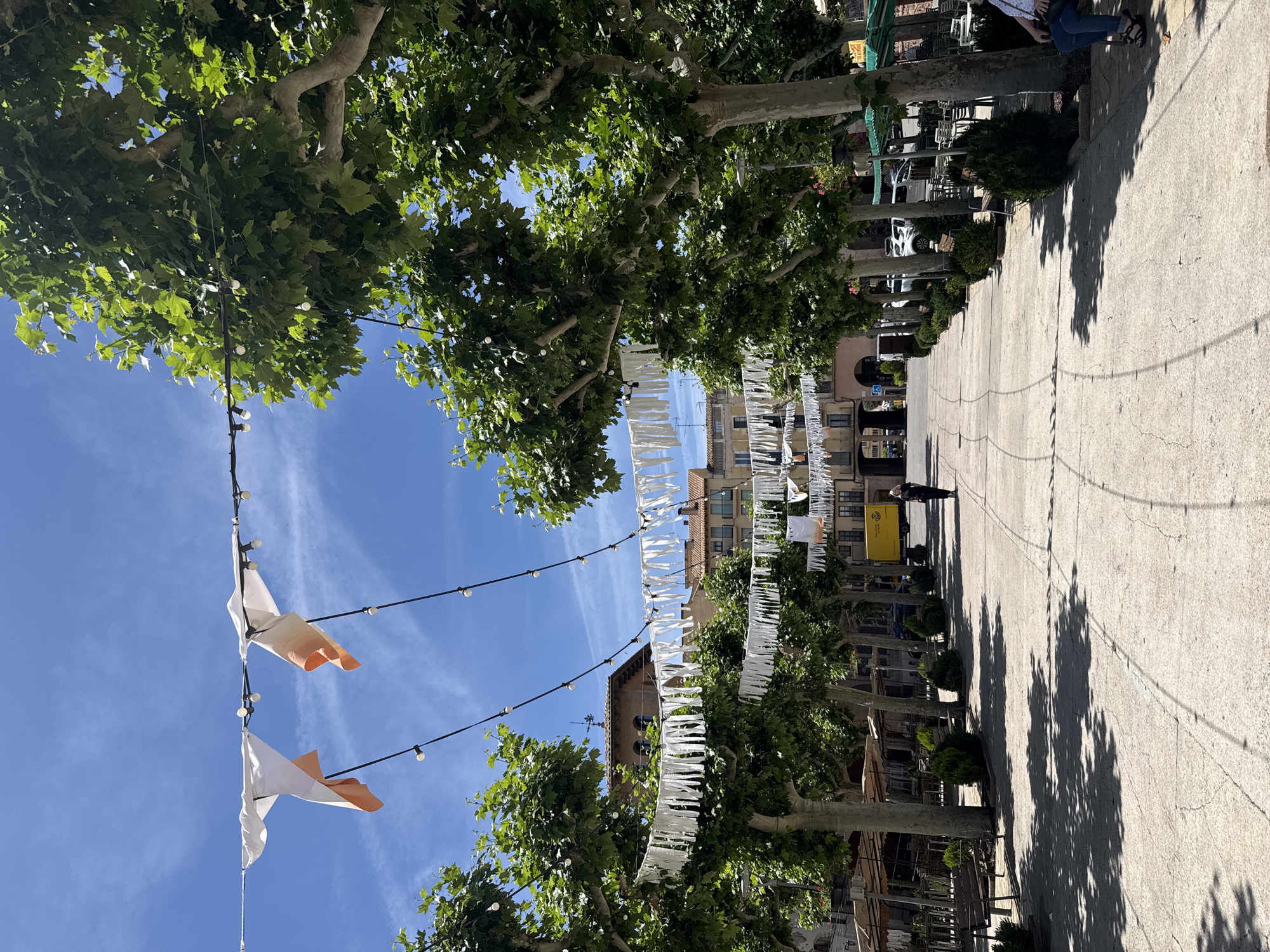 The image depicts a sun-drenched, tree-lined pedestrian walkway in Cardona, Spain, likely within its historic center, judging by the architectural style of the buildings. A string of decorative flags, predominantly white with some orange accents, is suspended overhead, interspersed with lights. Large, leafy trees line both sides of the walkway, casting dappled shadows on the concrete ground. Benches and outdoor seating areas for cafes or restaurants are visible along the sides, with some tables and chairs set up. A single person is walking away from the camera down the center of the walkway, and another person is seated on a bench on the right side of the frame. A yellow van is parked further down the walkway on the right. The sky is clear blue with a few wispy clouds. The overall atmosphere is bright and tranquil, suggesting a warm day in a European town square.
