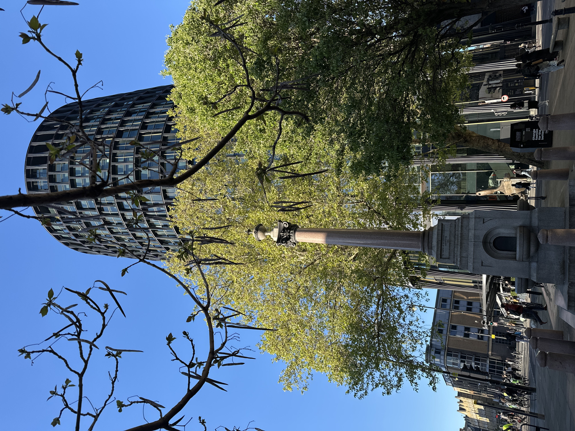 An urban streetscape in London's Shoreditch district is captured under a bright, clear blue sky. The image features a blend of modern architecture, historical elements, and lush greenery.
On the left, a striking, contemporary building with a dark, curved facade and numerous geometric windows rises against the sky. Its design contrasts with the more traditional and glass-fronted buildings lining the street on the right.
Prominently featured in the mid-ground, slightly to the right, is a stone column with a decorative capital, resting on a sturdy plinth. An inscription on the plinth clearly reads, "THE SITE OF ST. LEONARD SHOREDITCH" and "ERECTED 1835," definitively marking the location.
Trees are a significant element, with a large, verdant tree boasting dense green foliage dominating the upper right and mid-ground. In the lower left foreground, a bare-branched tree or shrub displays nascent green leaves and several distinctive elongated seed pods.
On the right side of the image, daily urban life unfolds on the street and pavements. Several pedestrians are visible, either walking or standing. Street furniture includes bollards, bicycle racks laden with multiple bicycles, and various signs, one of which partially reads, "Change fashion for the better." The bright sunlight suggests a daytime setting, likely morning or afternoon, with visible shadows on the ground and buildings.