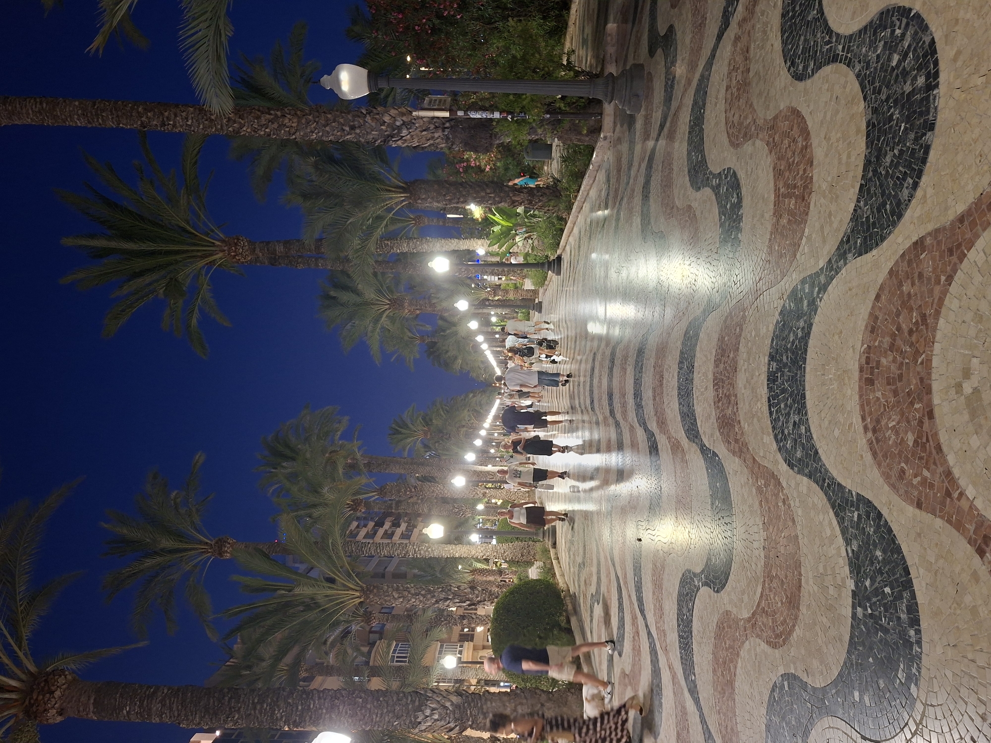 The image depicts the Explanada de España in Alicante, Spain, at dusk. The promenade, paved with a distinctive wavy mosaic pattern in beige, black, and pink tiles, stretches into the distance, lined with numerous palm trees on both sides. Ornate lampposts, illuminated with warm light, punctuate the length of the promenade, casting reflections on the wet pavement.
Several people are visible walking along the promenade. In the foreground on the left, a woman in a patterned dress and a man in a blue shirt and khaki shorts are walking away from the camera, accompanied by a small white dog. Further down the promenade, other individuals and small groups are strolling, with some pausing to look around. The buildings lining the promenade are visible behind the palm trees, with lights on in some of the windows. The sky is a deep blue, indicating the transition from daylight to night. Lush greenery and flowering bushes are also present along the edges of the promenade. The overall atmosphere is one of a pleasant evening promenade.