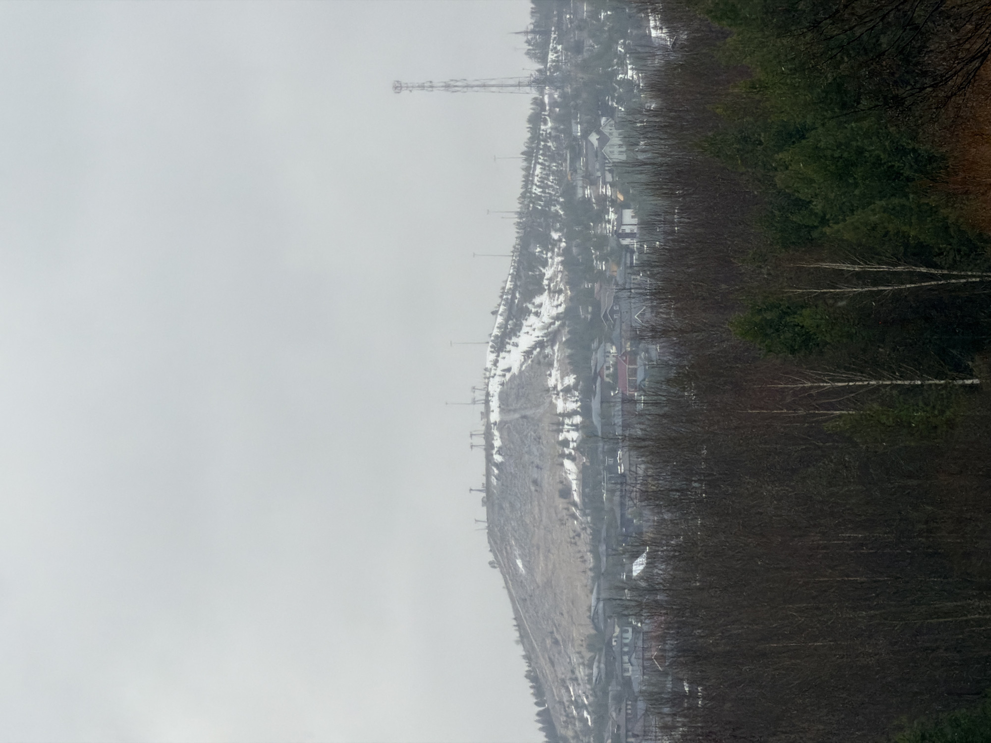 The image shows a view of Izhevsk, Russia, from a high vantage point. The scene is dominated by a snow-covered hill with scattered buildings and trees. A prominent communication tower stands atop the hill. The foreground features dense forest vegetation. The overall weather condition appears to be overcast.