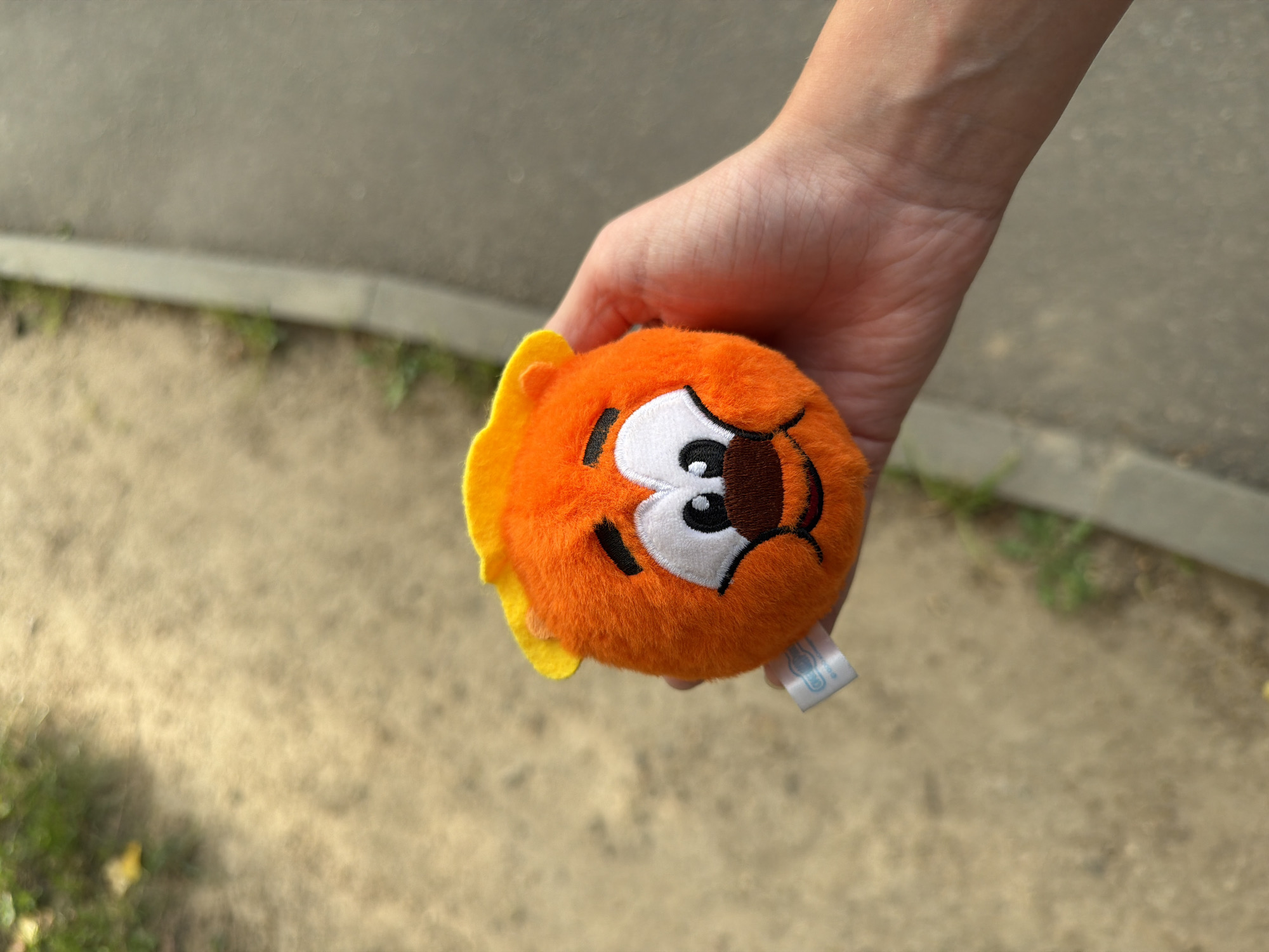A fuzzy, orange, spherical plush toy with a cartoonish face is held in a person's left hand. The toy has large, white eyes with black pupils, a brown nose, and a smiling mouth. A yellow tuft of fabric sticks out from the top of the toy. A small white tag is attached to the toy. The hand and toy are positioned in the foreground against a blurred background of a dirt path and a paved walkway. The environment appears to be an outdoor public space, possibly a park or sidewalk. The lighting suggests it is daytime.