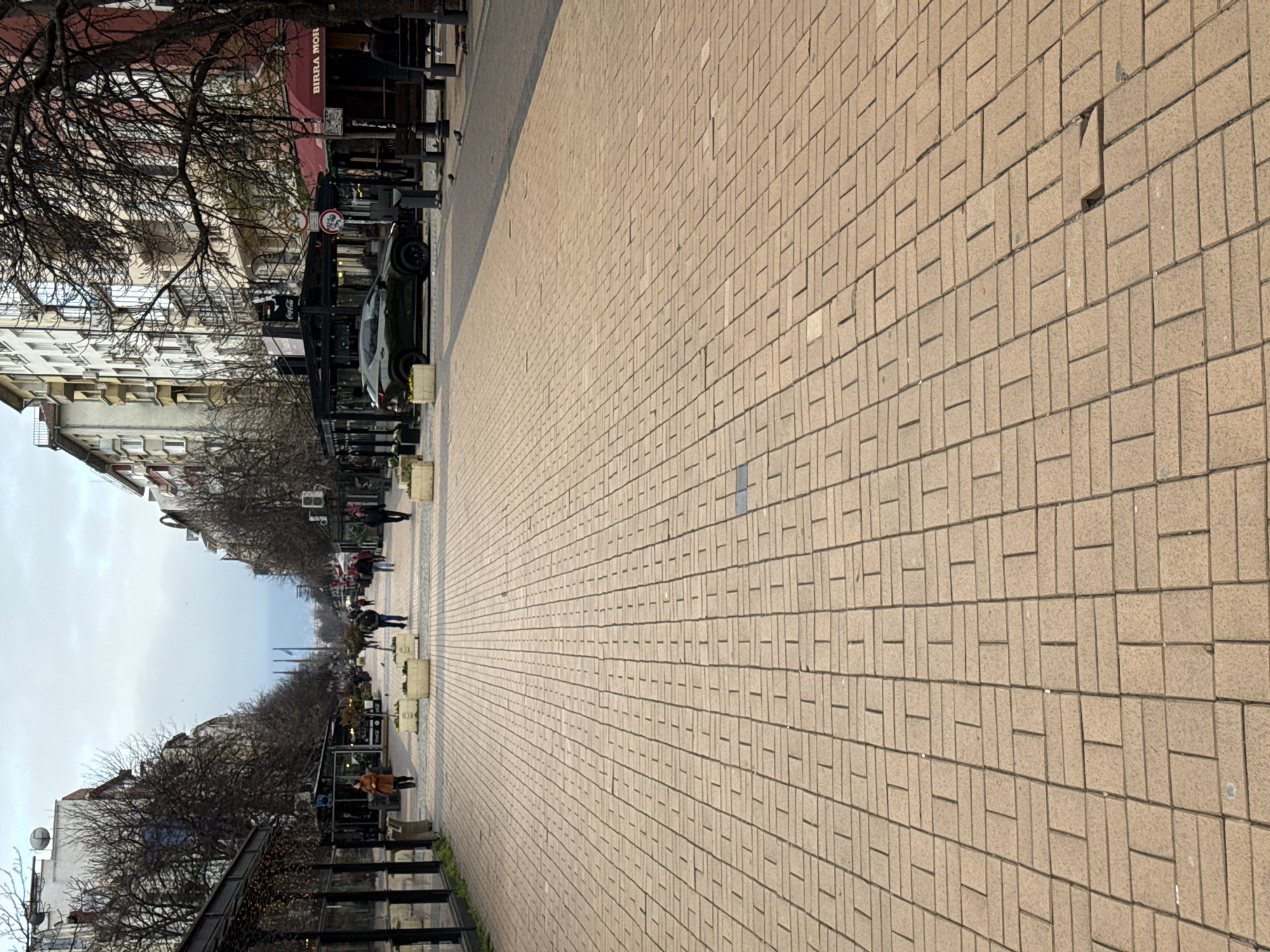 The image depicts a long, brick-paved pedestrian street in Sofia, Bulgaria. Buildings line the left side of the street, some with visible storefronts and signage, including a business named "Birra Mor". Bare trees are interspersed between the buildings. People are walking along the street. A dark-colored car is parked alongside the street. The sky is overcast. The brick pavement consists of rectangular blocks laid in a repeating pattern.