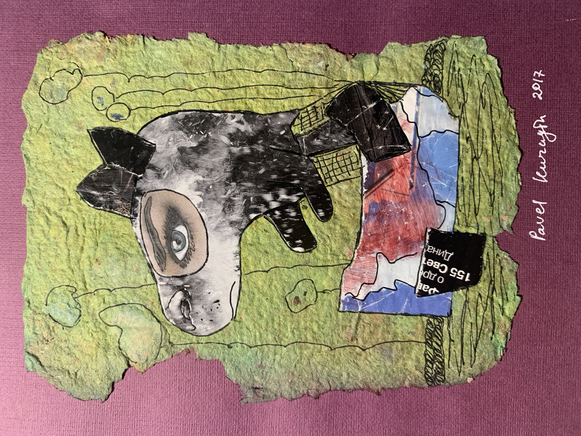 This is a photograph of a collage artwork by Pavel Kurazh. The artwork is a portrait of a creature with a horse-like head and human-like eye, rendered in a mixed-media style. The creature's head is black and white, with a prominent blue eye with an eyebrow. It appears to be wearing a dark, segmented collar or piece of clothing. Below the head is a collage of abstract shapes in red, white, and blue, resembling a map or flag. The background of the artwork is a textured, green paper with thin black lines depicting abstract floral elements. The entire collage is mounted on a purple, textured surface. The artist's signature, "Pavel Kurazh," and the year "2017" are visible in white cursive script at the bottom right of the image. The location of Sergeevo, Russia, is not depicted in the artwork itself or its mounting surface, nor is there any information in the image to suggest this specific location.