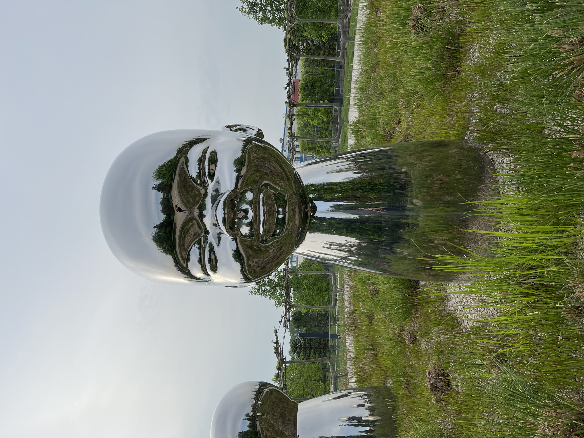 The image shows a large, polished metal sculpture of a baby's head and body, located in a grassy park. The sculpture reflects the surrounding environment. The park is in Krasnodar, Russia. In the background, a low metal fence borders a paved path, beyond which are trees and buildings. The sky is overcast.