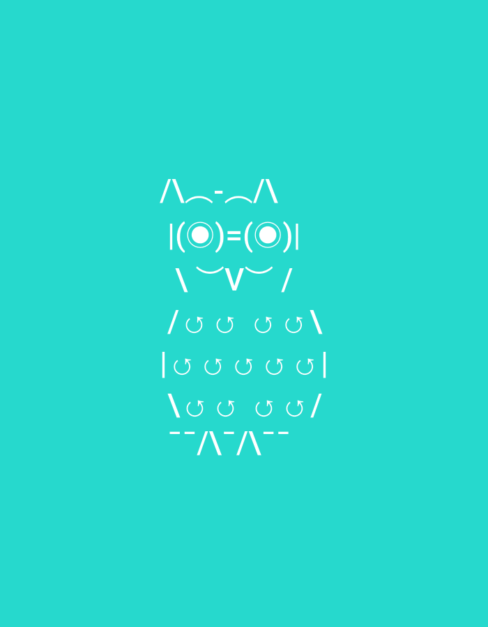 The image shows a white text-based owl drawing against a cyan background. The owl is centered and consists of ASCII characters arranged to resemble an owl's head, body, and tail. There is no indication in the image that it is located in Yerevan, Armenia, or any specific city.