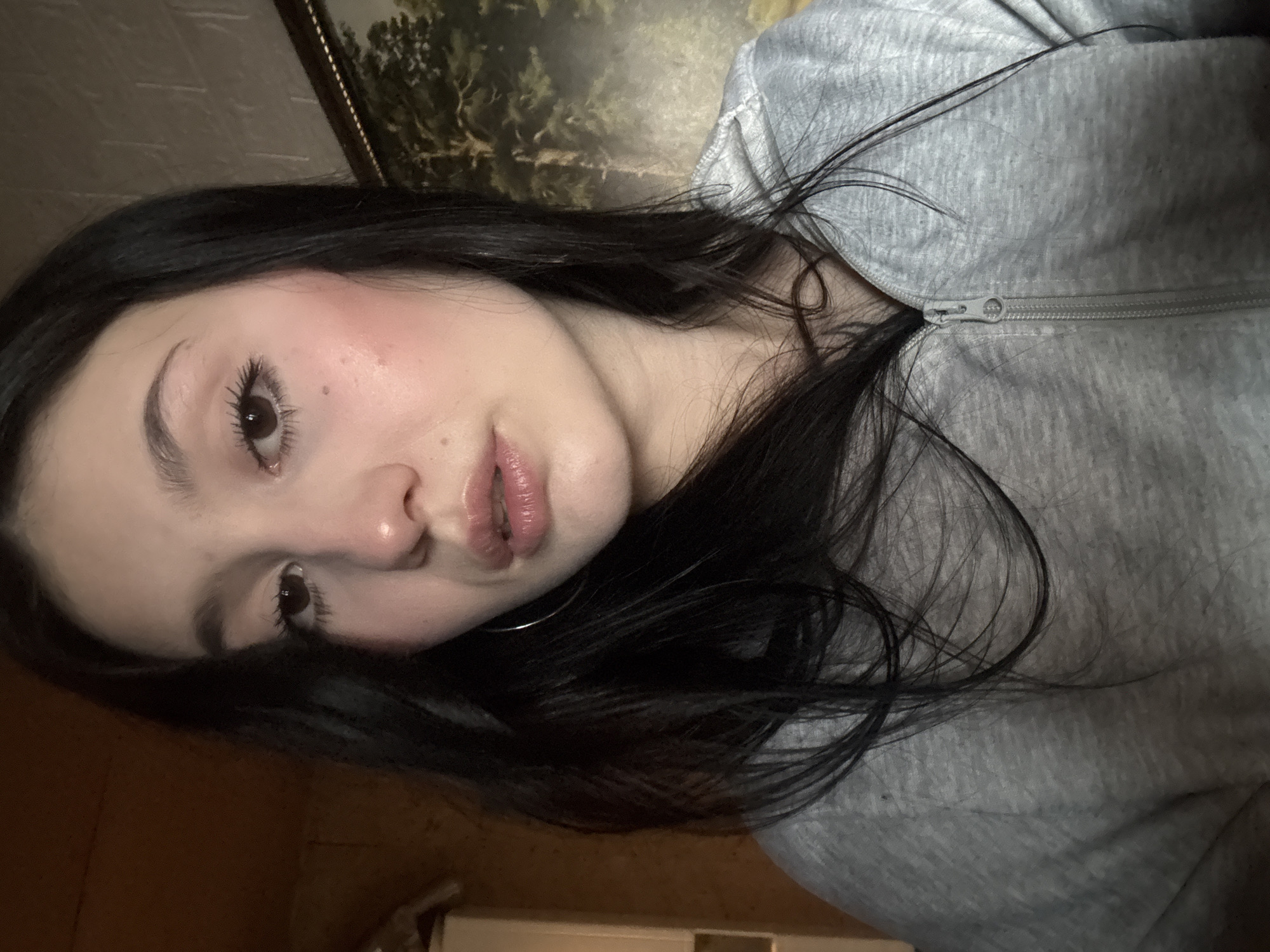 A portrait of a young woman with black hair. She is wearing a gray zip-up sweatshirt. The background includes a painting or print hanging on a wall, and a glimpse of a wooden wall or furniture. It is not possible to determine the specific location in Фоки, Russia, or to identify actions, interactions, or additional details about the environment from the given image.