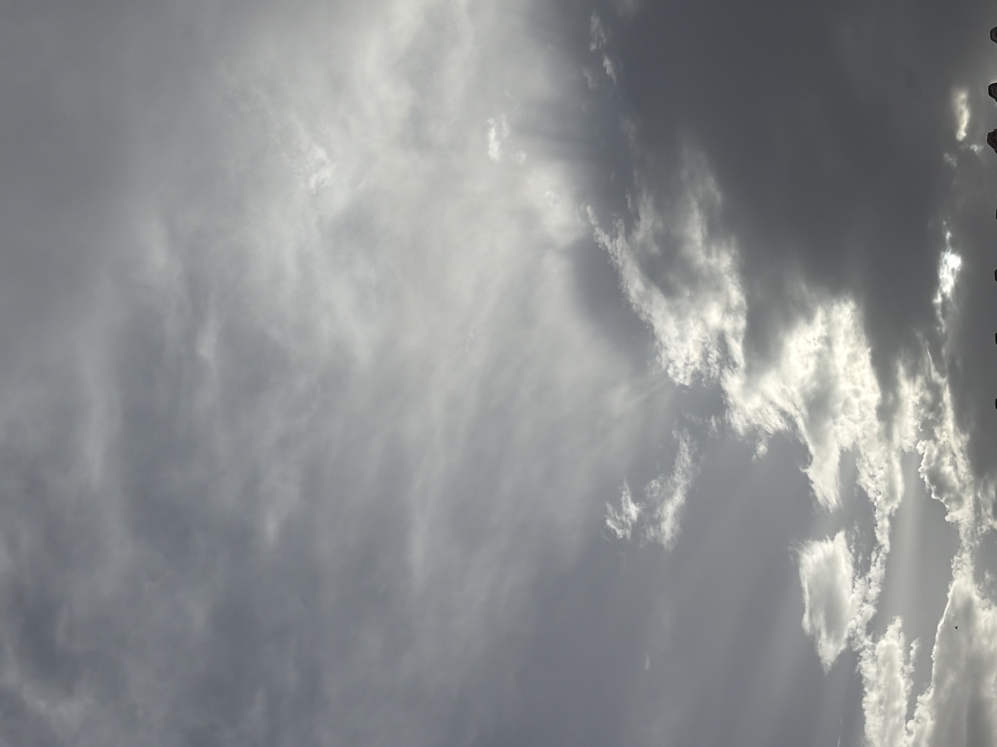The image shows a dramatic sky filled with clouds and crepuscular rays, suggesting either sunrise or sunset over Torrevieja, Spain. The clouds are varied in texture and density, with some appearing thin and wispy, while others are thick and dark, obscuring the sun in places. The crepuscular rays, also known as "god rays," are visible as beams of light piercing through gaps in the clouds, illuminating portions of the sky. The bottom of the image shows a silhouetted line of objects, possibly rooftops or structures, against the bright sky, indicating an urban or suburban setting. The overall impression is one of a dynamic and atmospheric weather event occurring in Torrevieja.