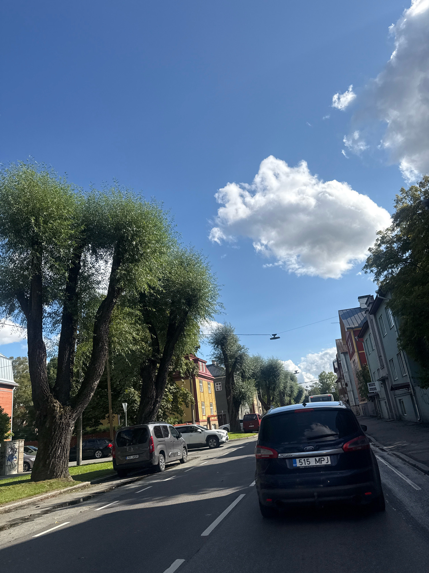 The image depicts a street scene in Tallinn, Estonia, on a sunny day with scattered clouds. The perspective is from a vehicle driving on the right side of the road. In the foreground, a dark blue Ford S-Max is visible, with license plate "515 MPJ". To the left of the Ford, a grey minivan is parked on the side of the road. Further down the street, several other vehicles are parked or in motion, including a white SUV and a black car.
The street is lined with trees on the left side, featuring prominent, rounded canopies. On the right side of the street, a row of colorful buildings stands, with architectural styles that appear to be a mix of old and new. The buildings are painted in various hues, including yellow, red, light green, and white. Some buildings have multiple stories and visible windows. A street lamp is visible hanging across the street in the distance.
The sky is a clear blue with fluffy white clouds, suggesting fair weather. The overall impression is of a residential or mixed-use urban area in Tallinn.