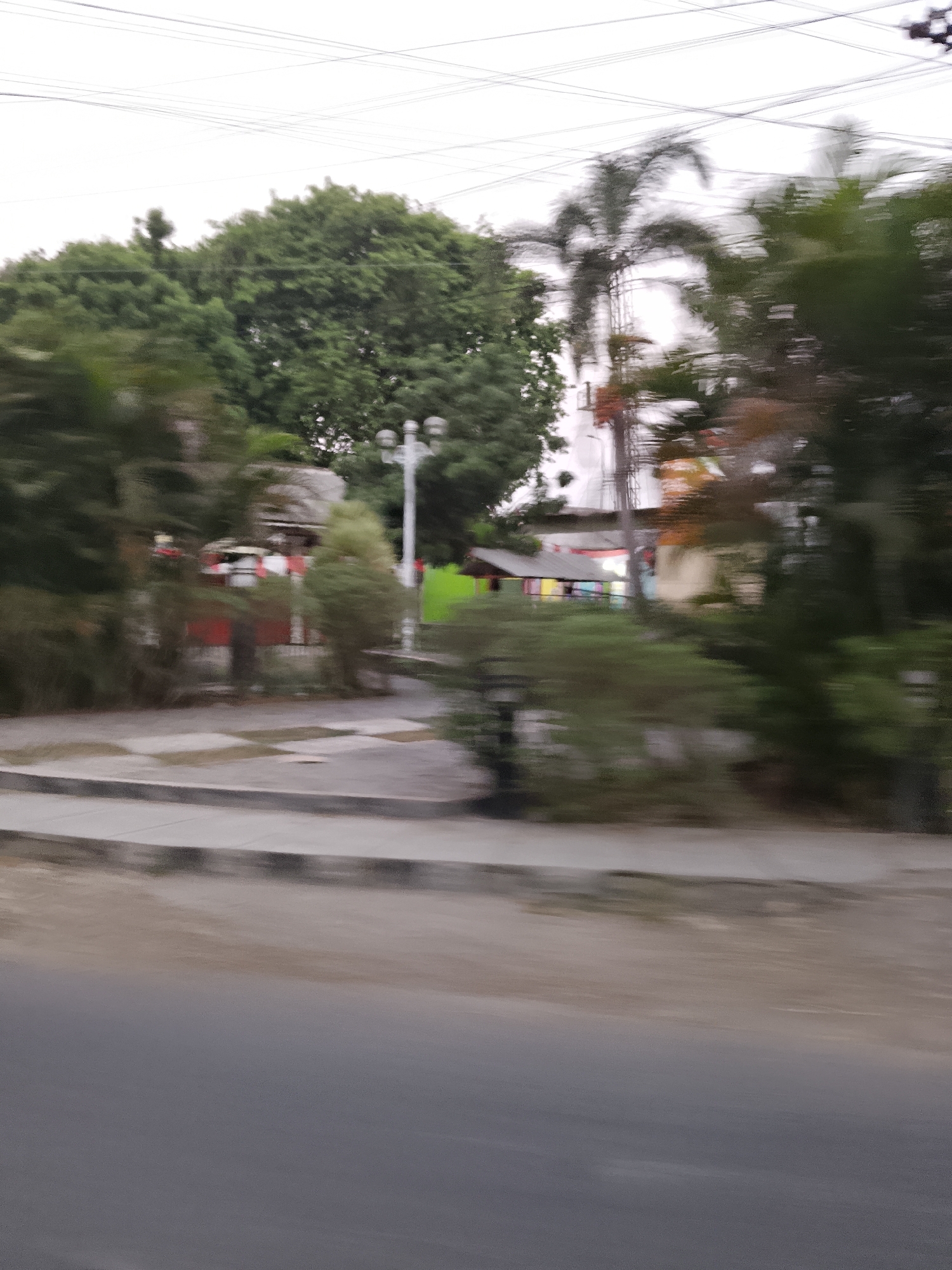 The image depicts a motion-blurred street scene in Karangboyo, Indonesia. The foreground is dominated by a paved road and sidewalk. In the middle ground, there are various structures and vegetation, including trees and what appear to be small buildings with colorful accents. A lamppost is visible to the left of center. The background features lush green trees and a hazy sky with visible power lines. The overall impression is of a tropical or subtropical environment observed from a moving vehicle.