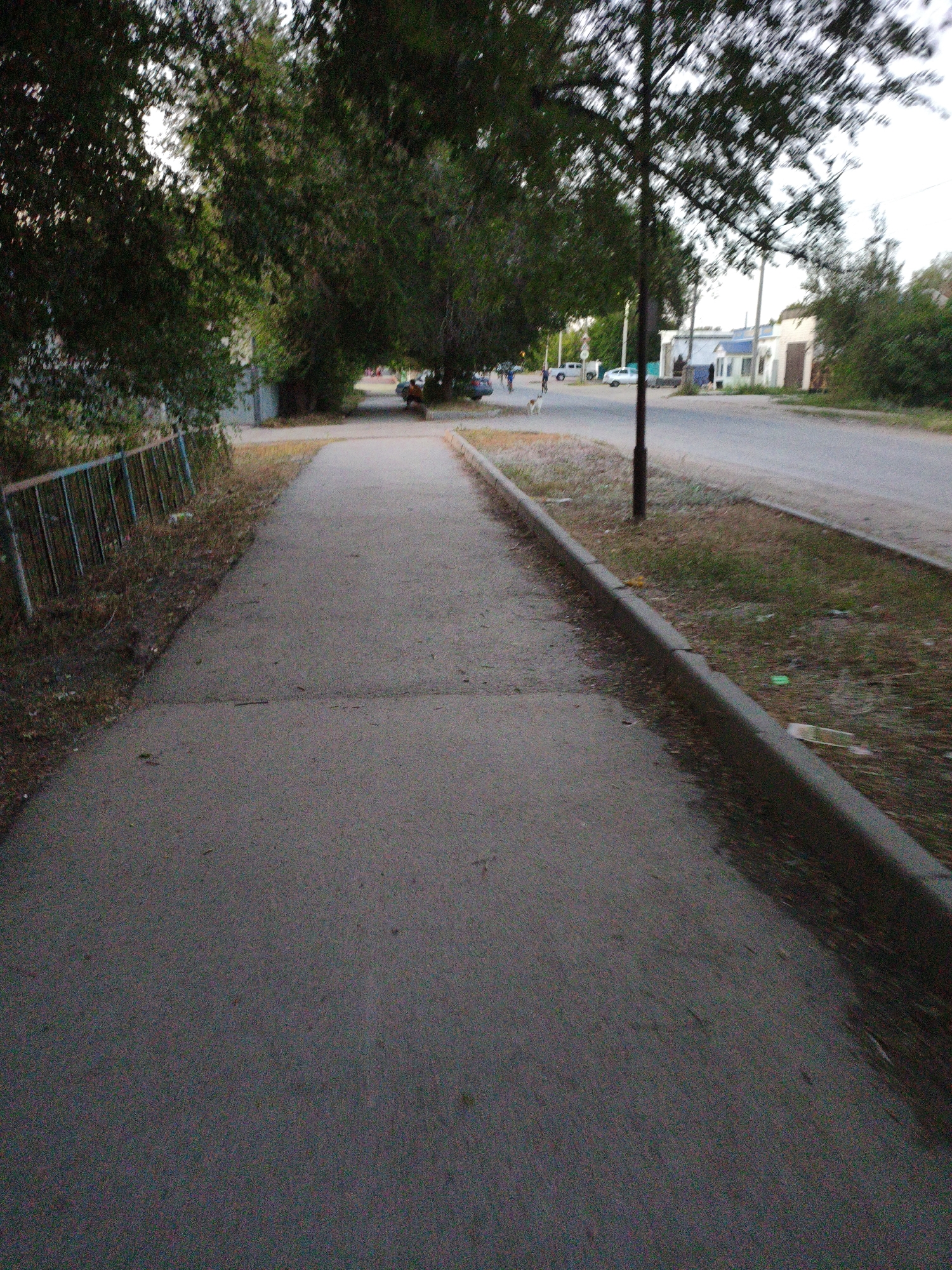 The image shows a pedestrian walkway alongside a street in Aktobe, Kazakhstan. The walkway is paved with concrete and has a slight incline. To the left of the walkway is a low metal fence and overgrown grass. The street is paved and appears to be a two-lane road. Several buildings line the street on the right side of the image, and trees are visible on both sides of the street. There are a few cars parked on the street and a couple of people are walking in the distance. A dog is also visible on the sidewalk. The sky is overcast, suggesting it may be morning or evening. The overall impression is that of a quiet, ordinary street scene in a residential or suburban area.