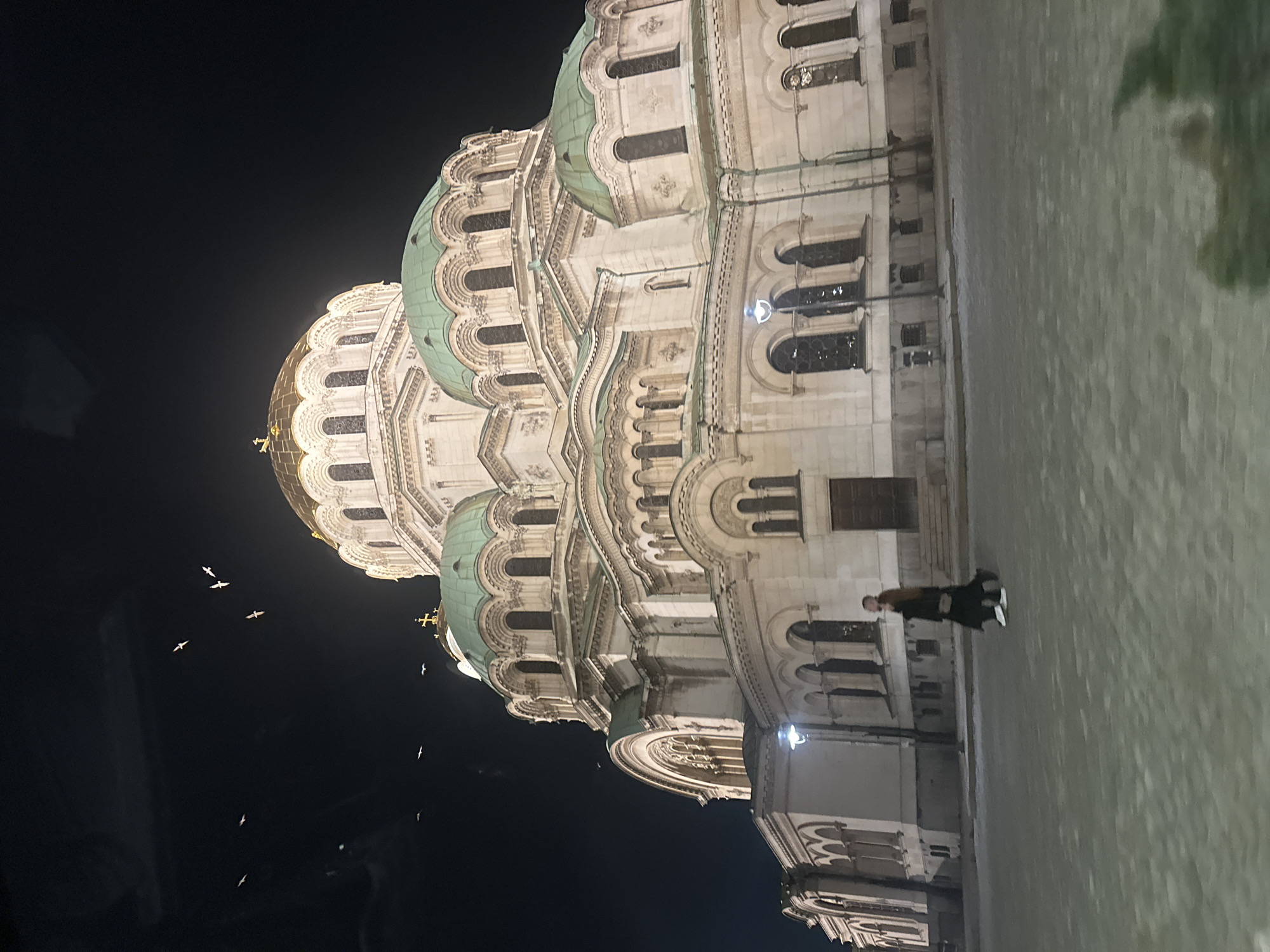 The image depicts the St. Alexander Nevsky Cathedral in Sofia, Bulgaria, at night. The grand, Orthodox cathedral dominates the scene, featuring a light-colored stone facade with multiple arched windows and decorative elements. Its main central dome is golden, topped with a cross, and several smaller domes are green, also topped with crosses. The cathedral is illuminated by artificial light, highlighting its architectural details against a dark night sky. In the upper left quadrant of the sky, approximately seven small, light-colored birds are visible in flight. In the mid-ground, a single individual walks from left to right across a paved, possibly cobblestone, plaza. This person is dressed in dark clothing, including a long coat or dress, dark trousers, and white sneakers, and carries a small, light-colored bag. A streetlight with a luminous white glow is visible to the left of the walking individual, closer to the cathedral's base. The foreground shows a slightly blurred portion of the paved ground and some indistinct dark shapes at the very bottom right, possibly vegetation.