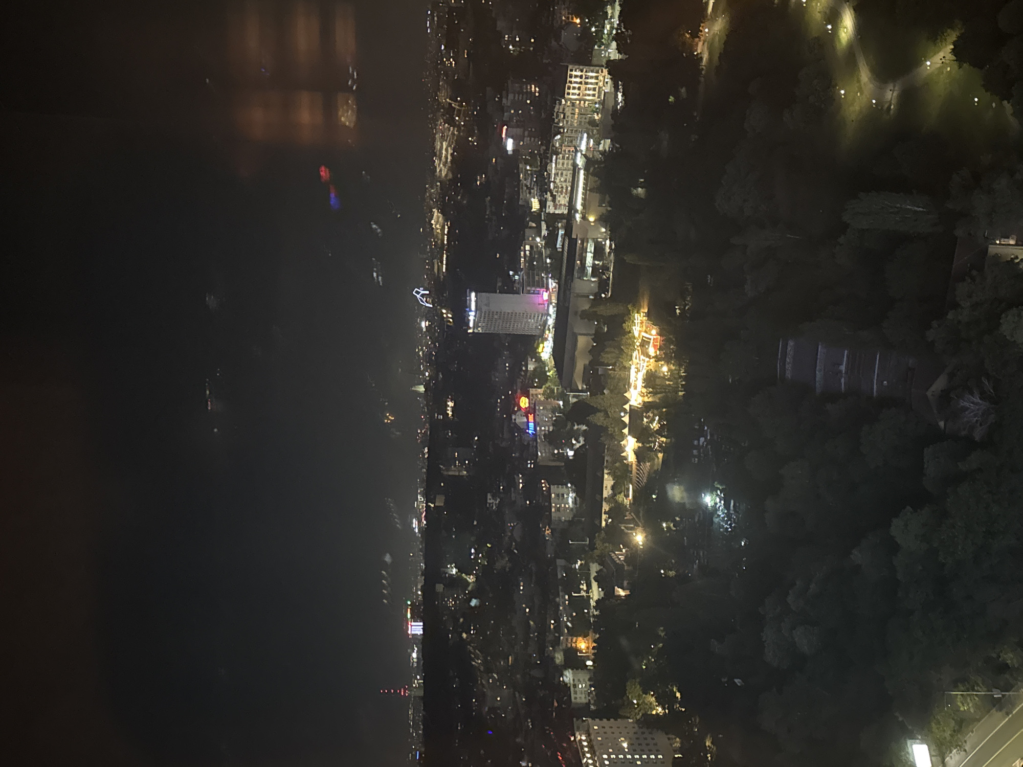This is a nighttime aerial view of a city, likely Sofia, Bulgaria, showing an urban landscape with a mix of buildings, trees, and illuminated areas. In the background, a tall, slender structure with red and white lights is visible, possibly a communication tower. Several other buildings are lit with various colors, including a prominent tall building with pink and white lighting in the mid-ground. The foreground is dominated by dark, dense foliage, suggesting a park or wooded area within the city. Scattered lights are visible within the trees and along pathways, indicating an outdoor recreational space. The overall scene depicts a vibrant city at night, with pockets of light illuminating the urban environment against a dark sky. Reflections are visible in the upper right corner, suggesting the photograph was taken through a window.