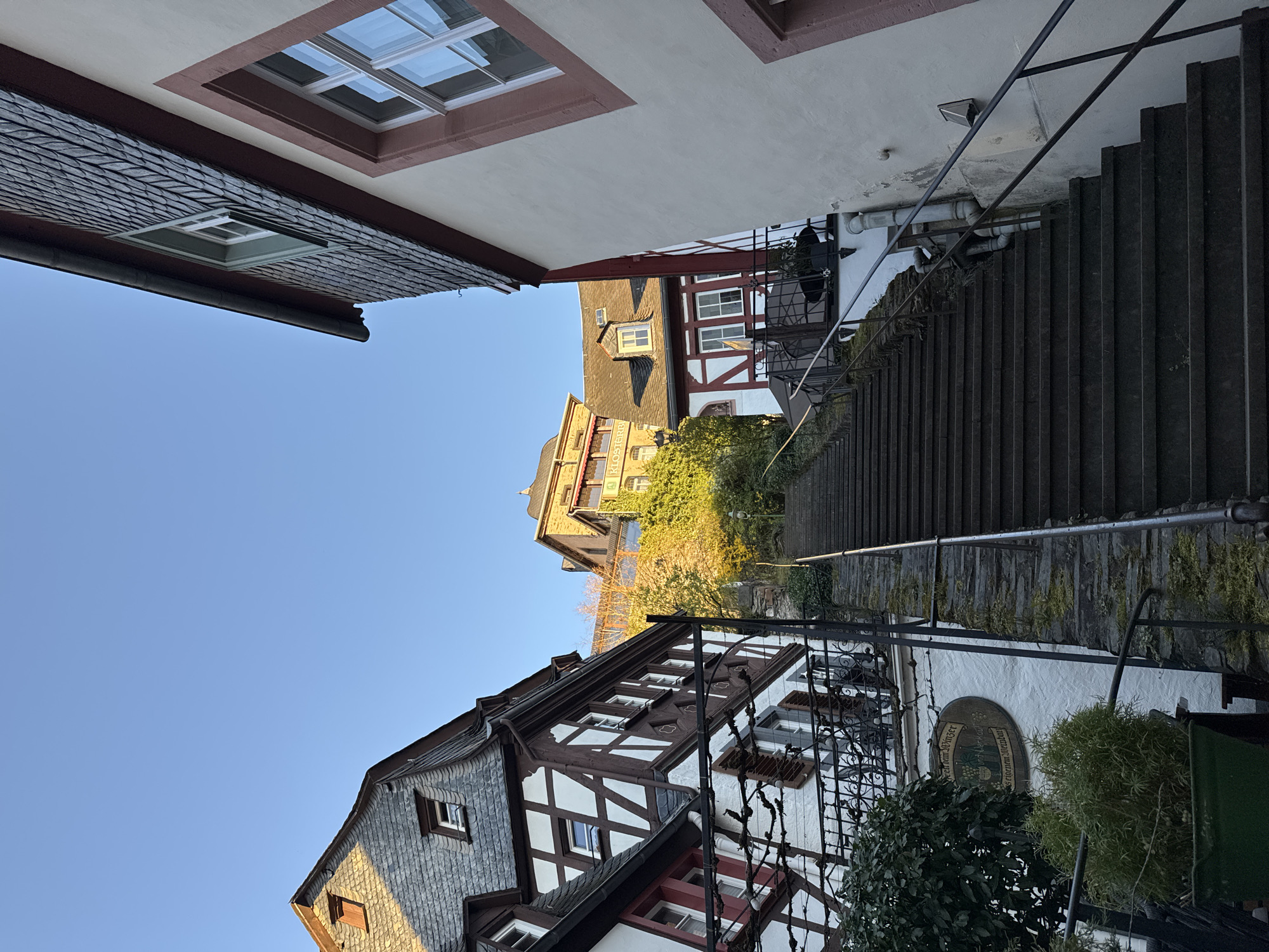 The image depicts a narrow street in Beilstein, Germany, characterized by old half-timbered houses on either side and a long flight of stone stairs ascending between them. The sky is visible at the top of the frame, suggesting a steep incline. The buildings feature slate roofs, white walls with exposed wooden beams (half-timbered construction), and small windows. The stairs have metal railings and are lined with moss-covered stone walls. Vegetation is visible along the stairs and in front of some of the buildings. The scene is bathed in sunlight, creating shadows and highlighting the textures of the buildings and stairs.