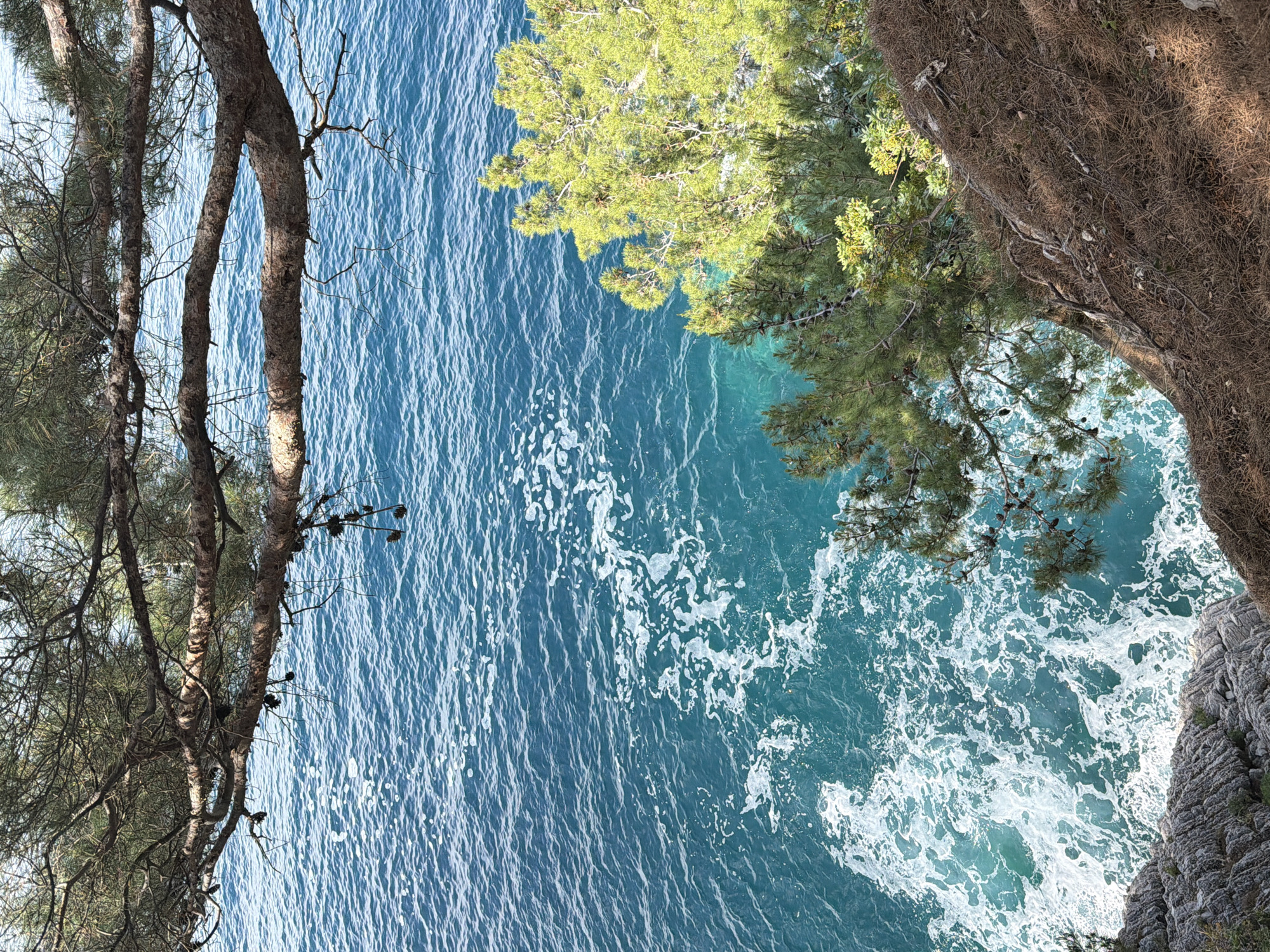 View of the Adriatic Sea from a high point in Petrovac centar, Montenegro. The sea is blue and foamy, with waves crashing against a rocky cliff. Trees are visible along the edges of the image.